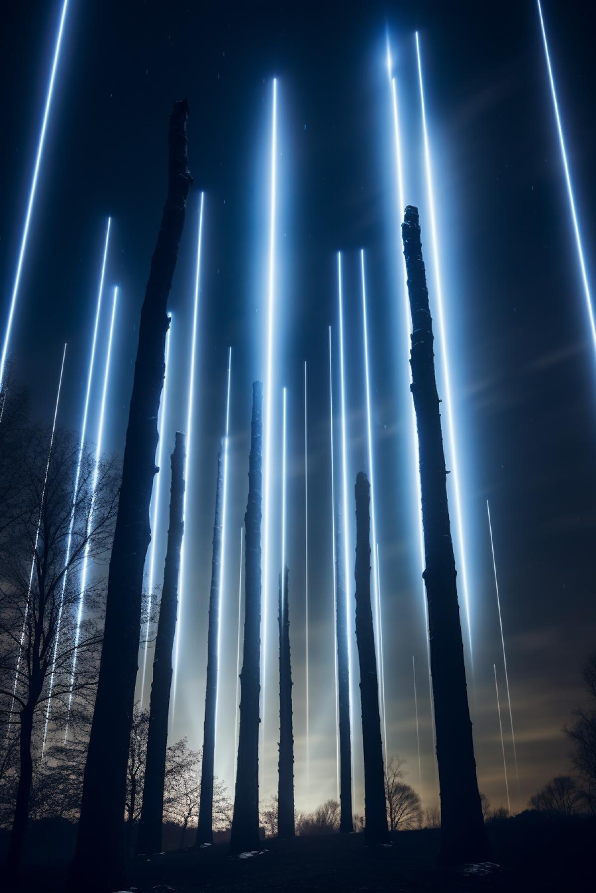 Light Pillars, enigmatic, vertical beams, night, long exposure, DSLR, wide-angle lens, moonlit, ethereal, natural phenomenon, no filter