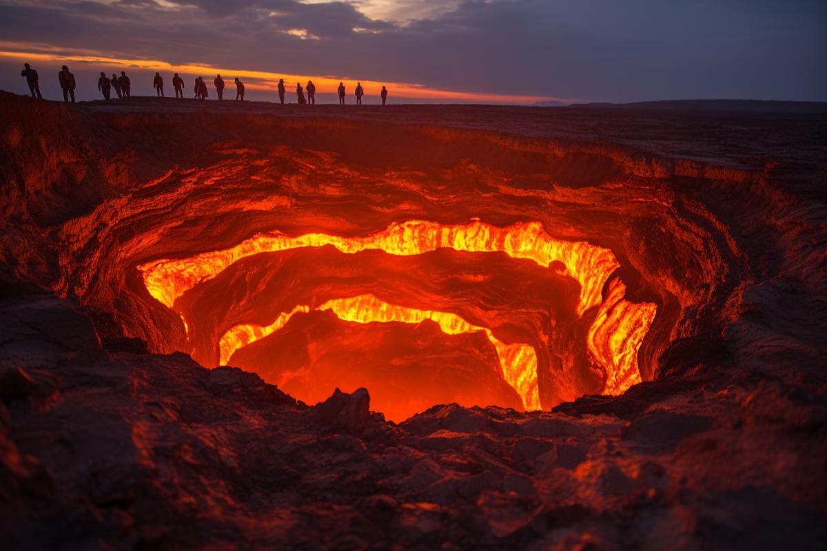 Door to Hell: A massive gas crater in Turkmenistan, perpetually ablaze, creating a surreal and captivating sight in the barren landscape. :: Door to Hell, fiery abyss, surreal landscape, night, long exposure, DSLR, wide-angle lens, dramatic, otherworldly, natural phenomenon, no filter