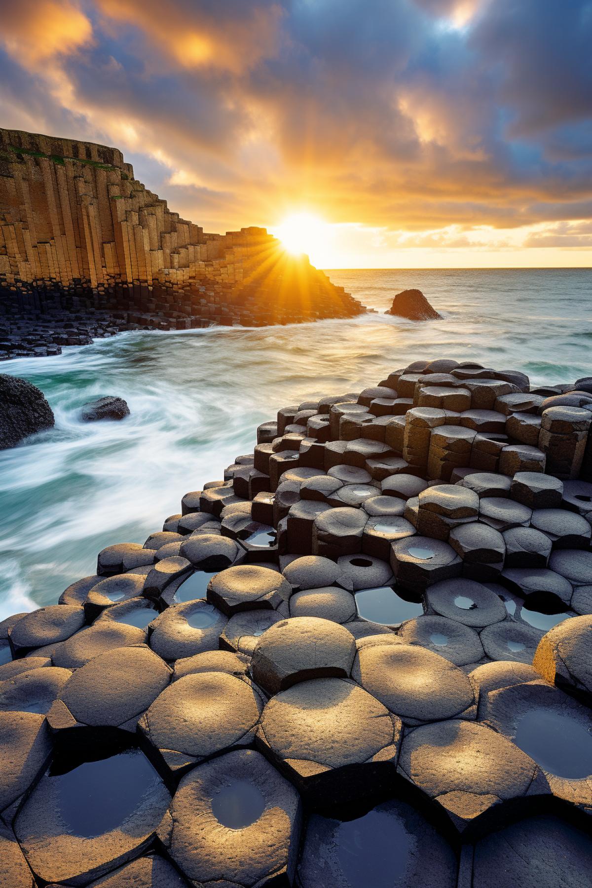 Giants Causeway: An incredible array of hexagonal basalt columns along the Irish coast, evoking a sense of wonder and ancient myth. :: Giants Causeway, awe-inspiring, hexagonal columns, sunrise, landscape, DSLR, wide-angle lens, dramatic, mystical, natural formation, no filter