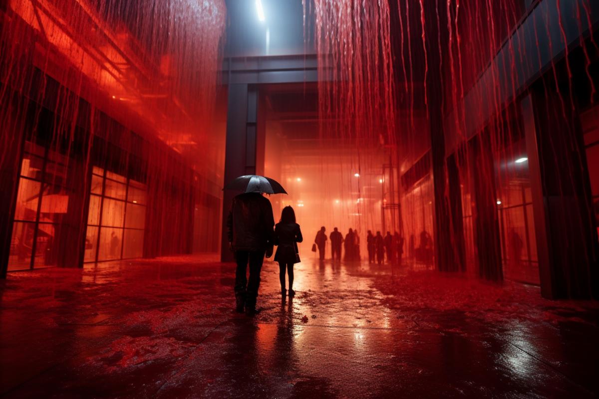 red liquid Rain: A phenomenon where rain appears to be tinged with red, often caused by sand or dust particles in the atmosphere, creating a mesmerizing and eerie atmosphere. :: red liquid Rain in city, crimson bathrooms, eerie atmosphere, daytime, documentary, DSLR, standard zoom lens, mysterious, atmospheric anomaly, dramatic, vibrant colors