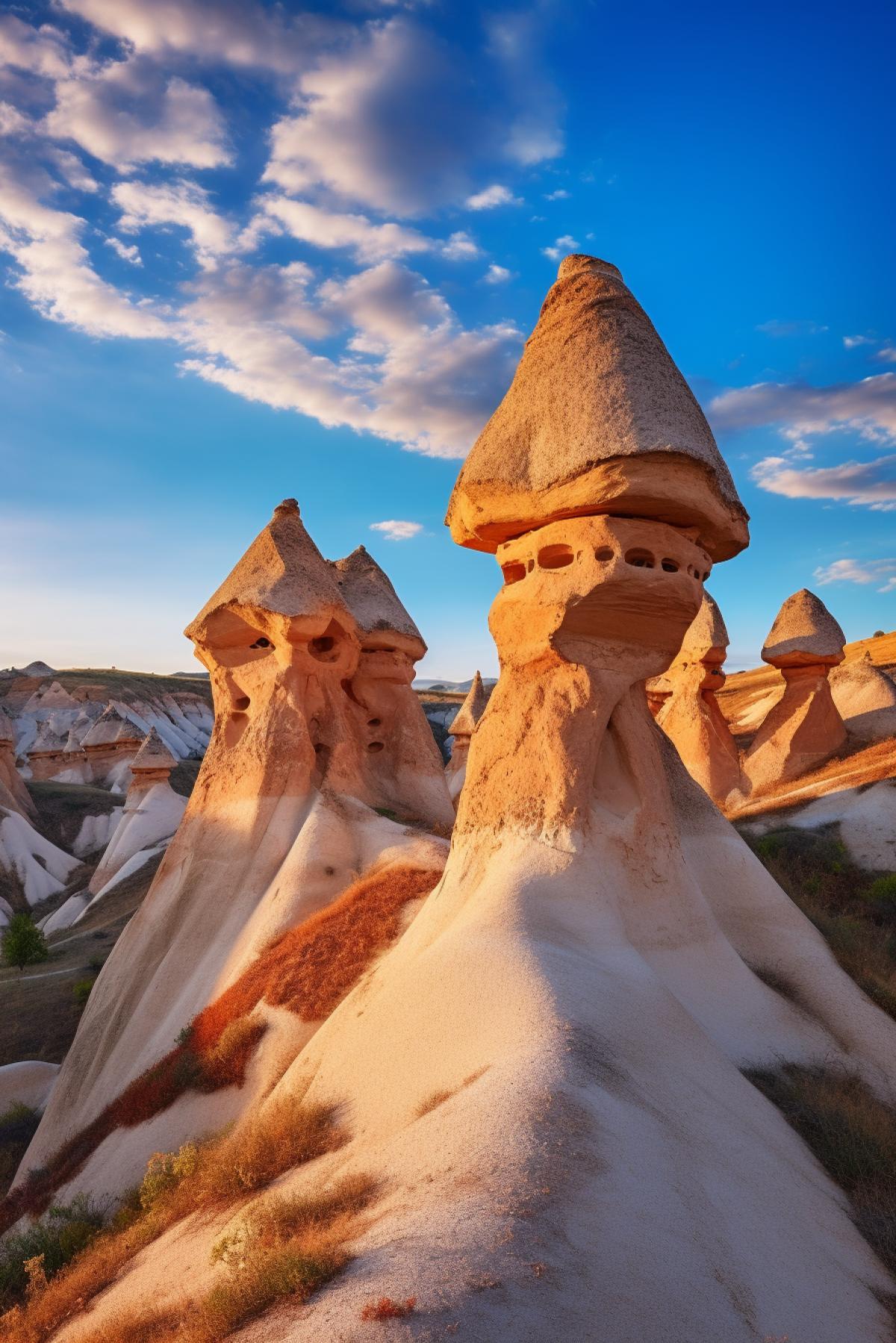 Fairy Chimneys: Bizarre rock formations in Cappadocia, Turkey, resembling mushrooms and cones, leaving visitors amazed by their uniqueness. :: Fairy Chimneys, surreal rock formations, alien landscape, sunset, landscape, smartphone camera, wide-angle lens, captivating, natural wonders, warm tones