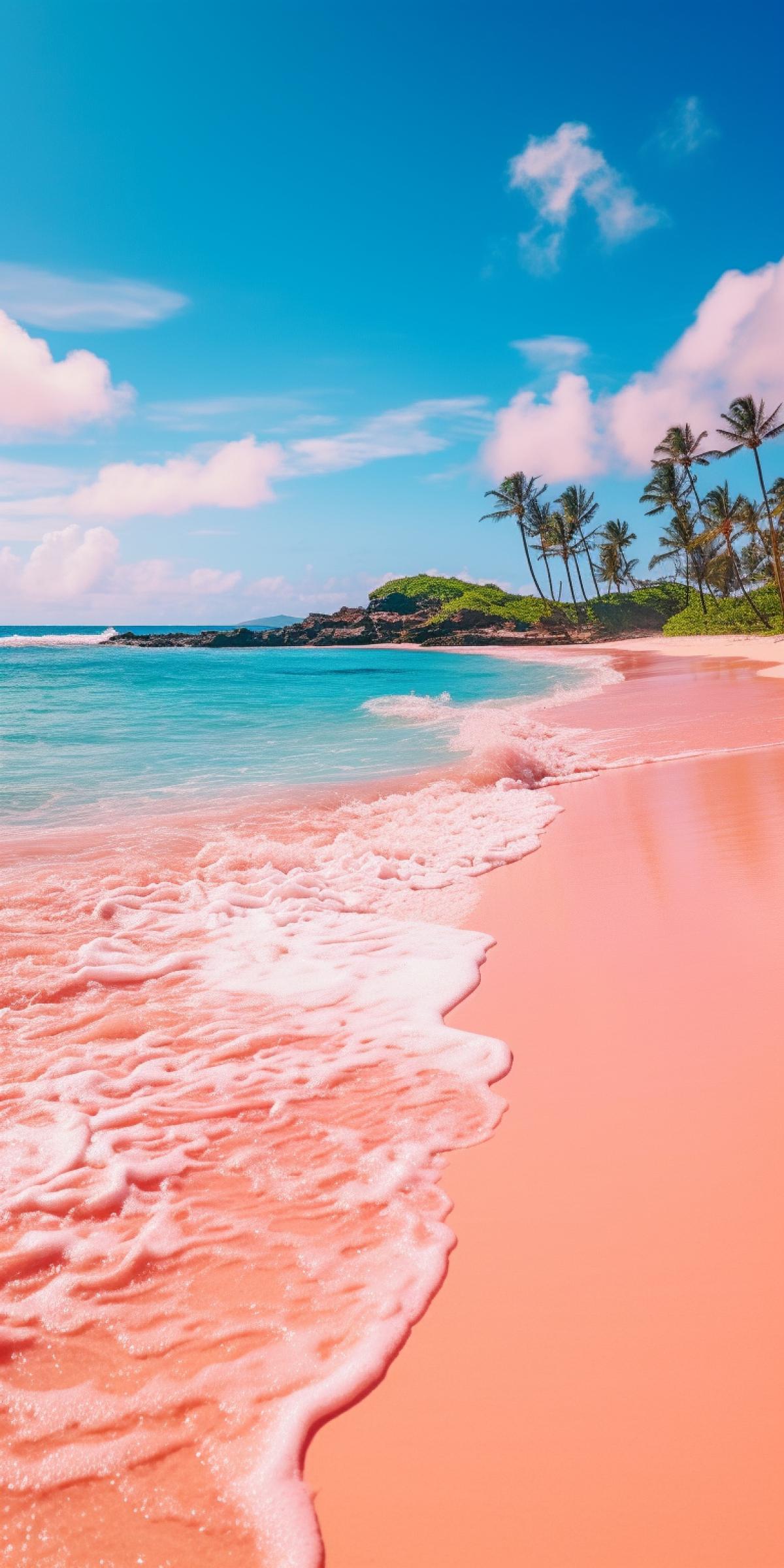 Pink Beaches, otherworldly, pink and rosy sands, tropical paradise, midday, travel, smartphone camera, standard lens, sunny, idyllic, warm tones