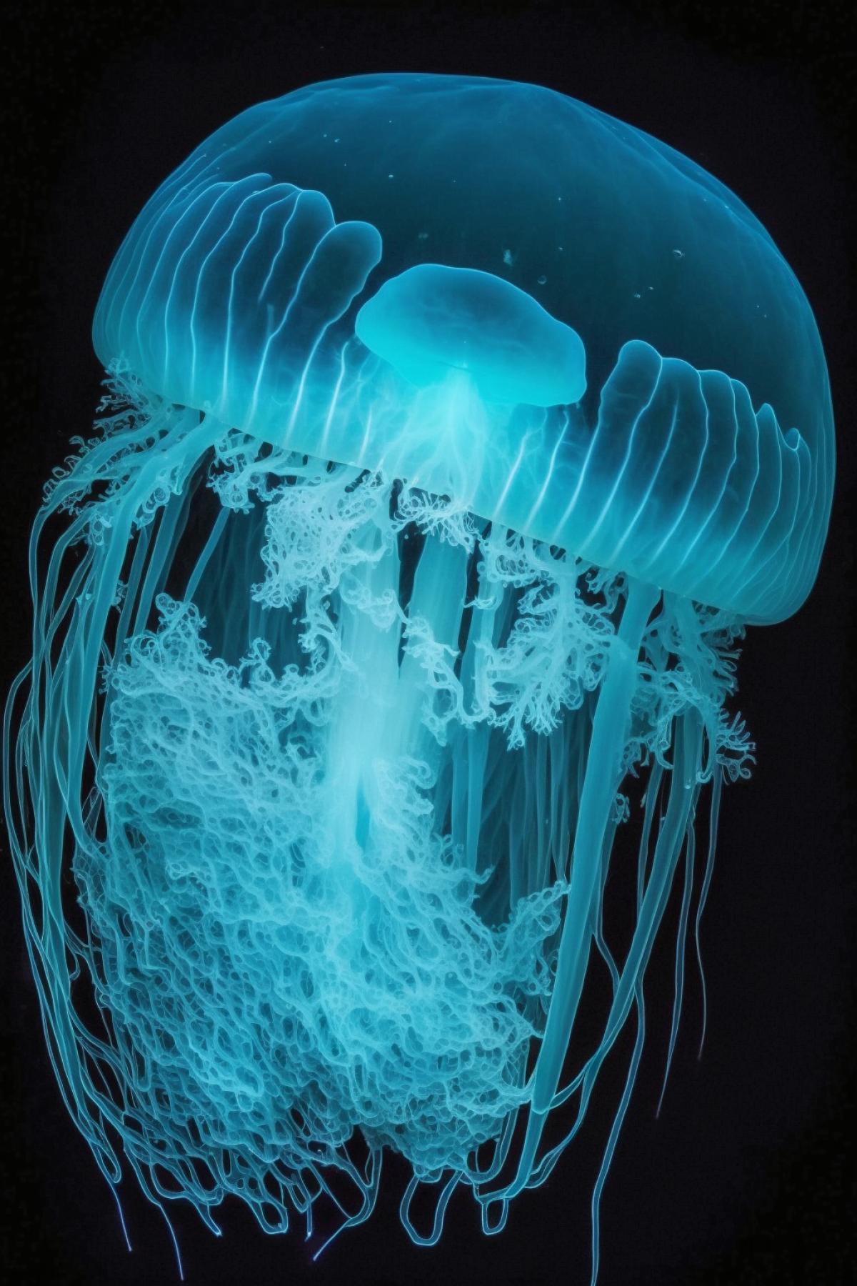 fluorescent glowing jellyfish in the complete absence of light at the depths of the Mariana Trench