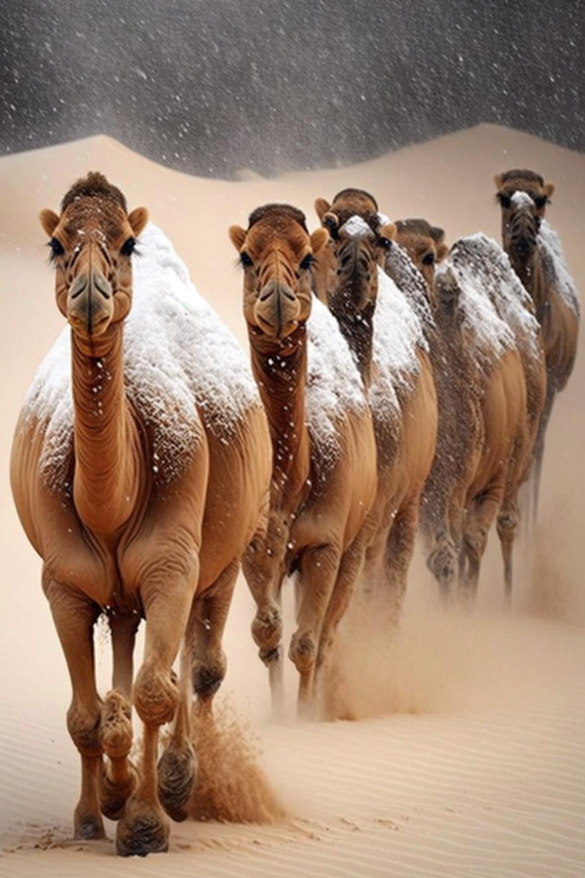 Desert, heat, camels march in a row, heavy snow is falling.