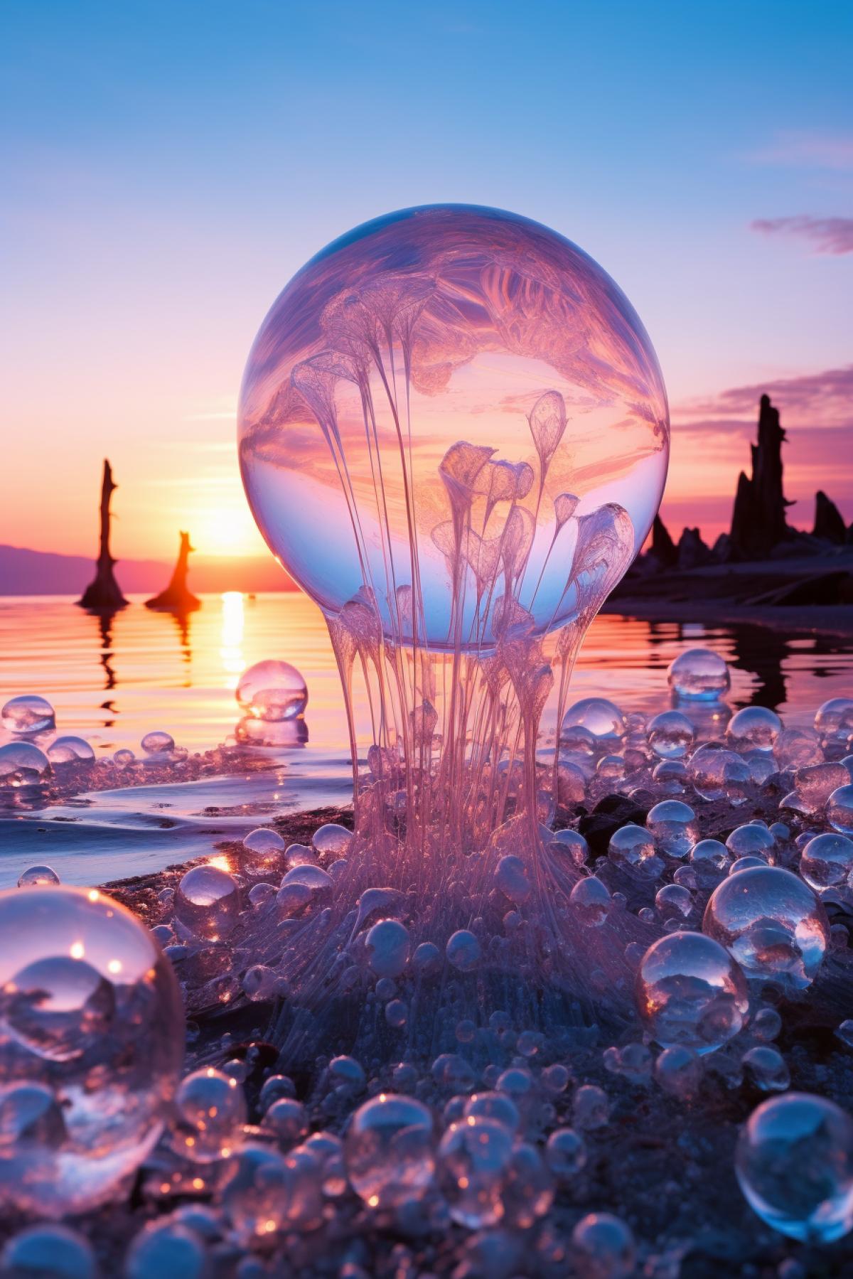 an ice cap with blue bubbles in the sunlight, in the style of pink and azure, intricate landscapes, calm waters, luminous hues