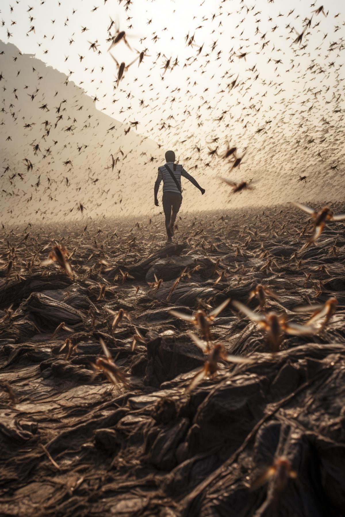 People are running, a huge flock of locusts is flying behind