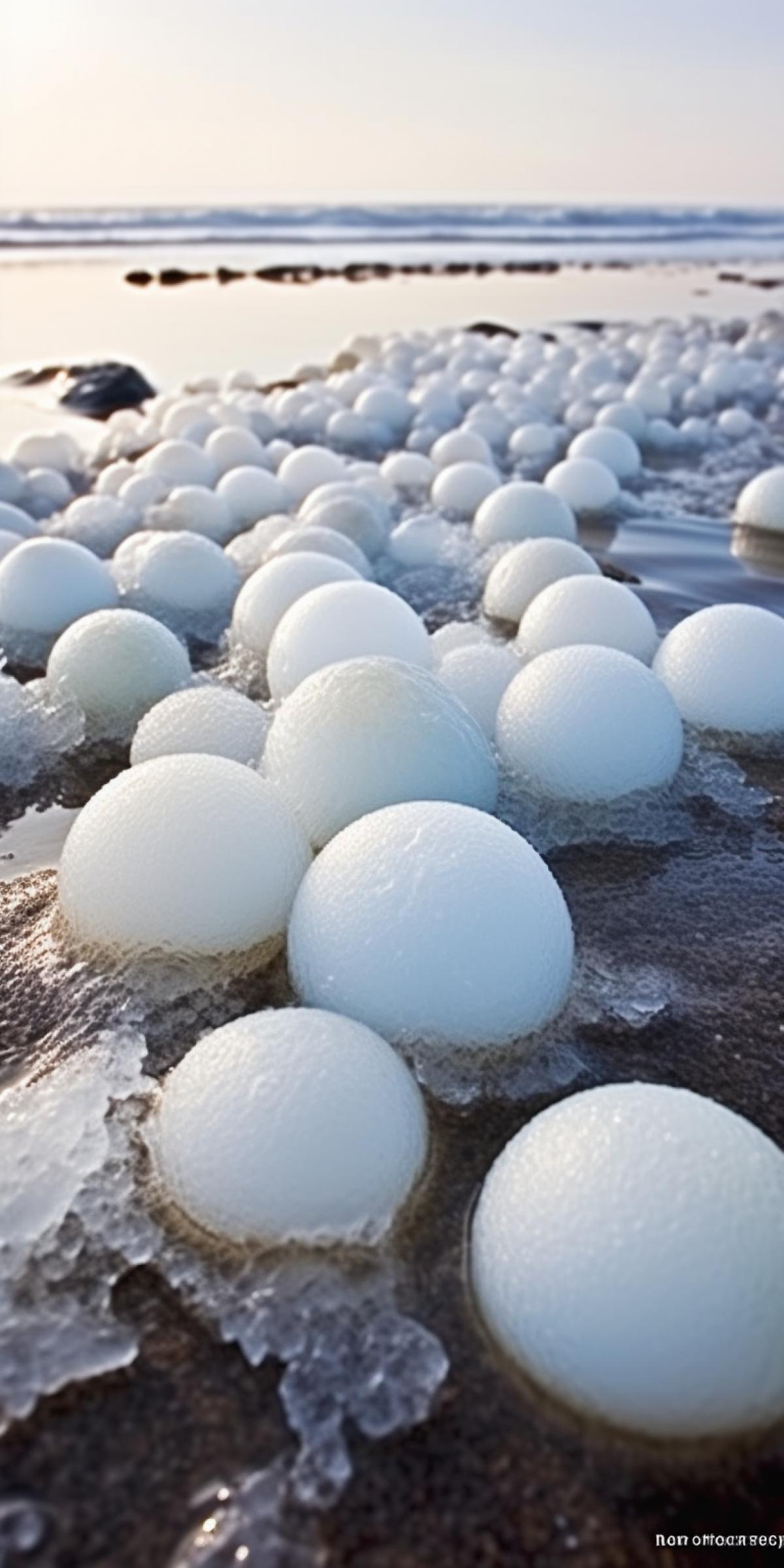 Ice eggs, or ice balls, are a rare phenomenon caused by a process in which small pieces of sea ice in open water are rolled over by wind and currents in freezing conditions and grow into spheroid pieces of ice, collect into heaps of balls or eggs on beaches, midday, travel, smartphone camera, standard lens, sunny, idyllic, blue tones