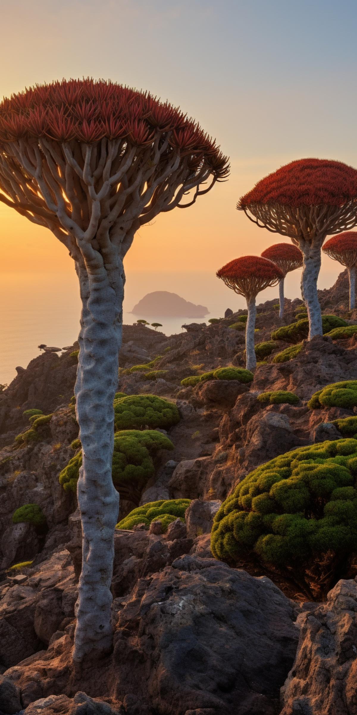Socotra Dragon Trees: Otherworldly trees with umbrella-shaped crowns, found on Socotra Island, Yemen, creating a fantastical and captivating sight. :: Socotra Dragon Trees, alien vegetation, otherworldly beauty, sunset, travel, DSLR, standard lens, dramatic, unique flora, warm tones
