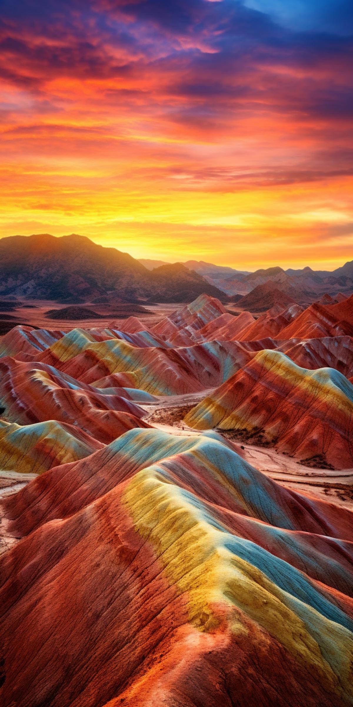 Danxia Landforms, vibrant geology, natural artwork, sunset, landscape, DSLR, wide-angle lens, stunning, geological phenomenon, vibrant colors