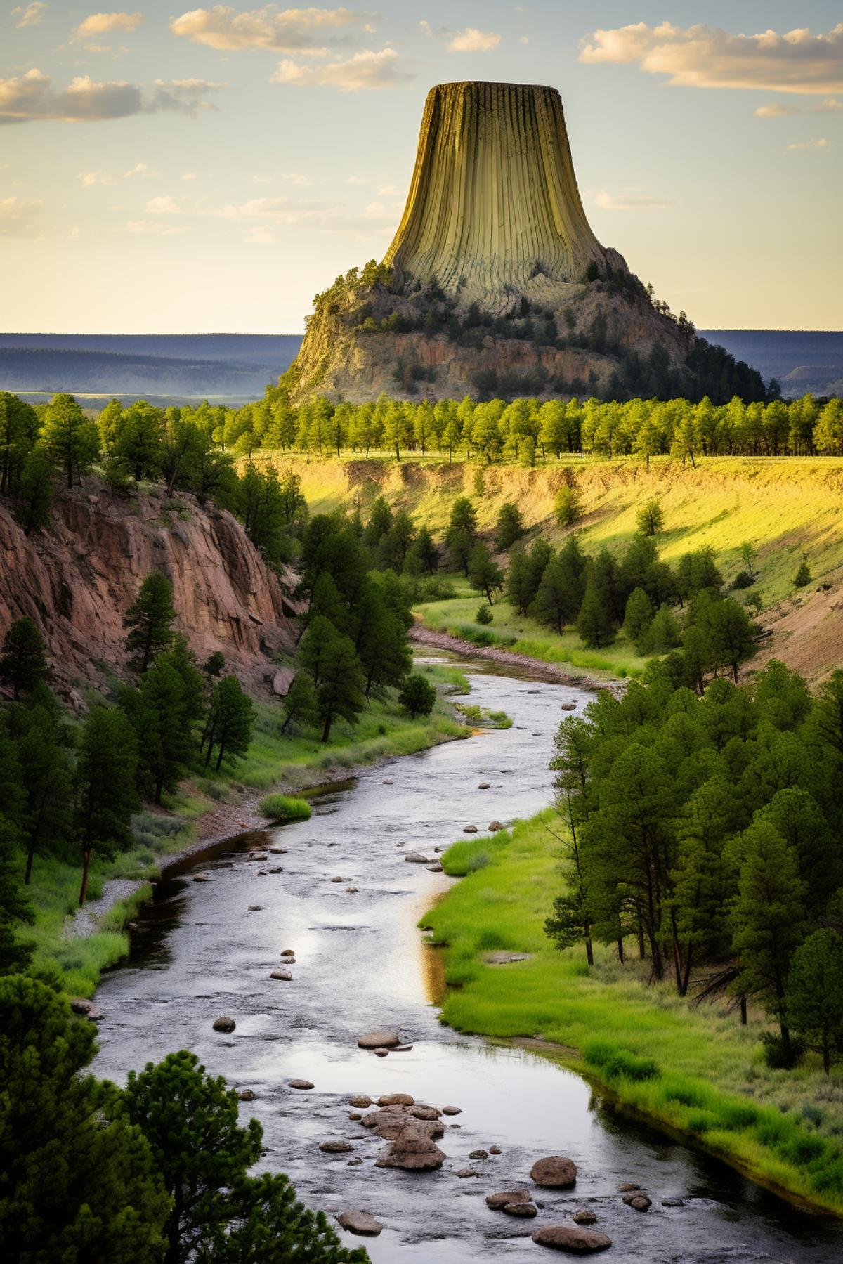 Devils Tower: An iconic rock formation in Wyoming, USA, known for its towering presence and mythological significance. :: Devils Tower, monumental formation, natural marvel, sunrise, landscape, DSLR, wide-angle lens, majestic, geological wonder