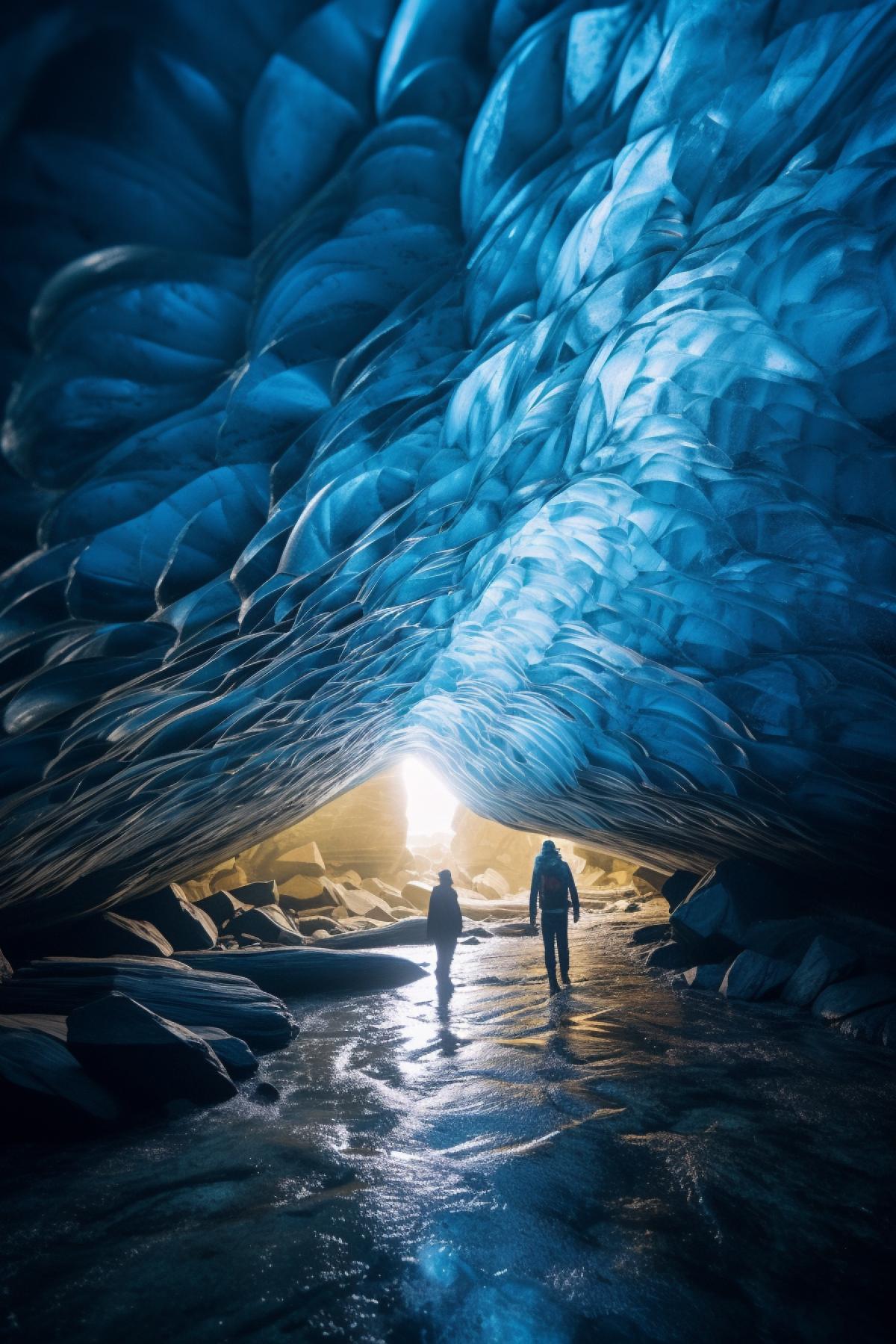 Underground Glaciers: Subterranean glaciers hidden beneath the Earths surface, forming unique ice formations and chambers. :: Underground Glaciers, hidden ice marvels, subterranean beauty, daytime, cave exploration, mirrorless camera, wide-angle lens, captivating, natural wonder