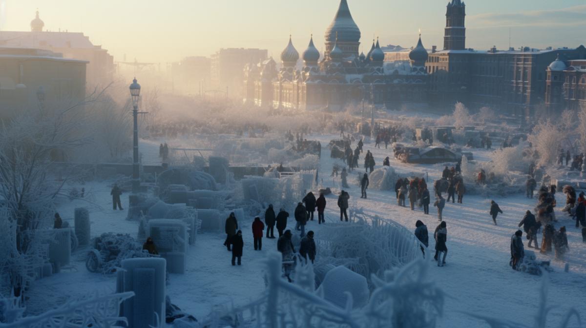 A shot from the film the freezing city of Moscow, a lot of people in frozen 4ks, covered with frost, a large panorama, the best quality, live photography, in the style of 1986.