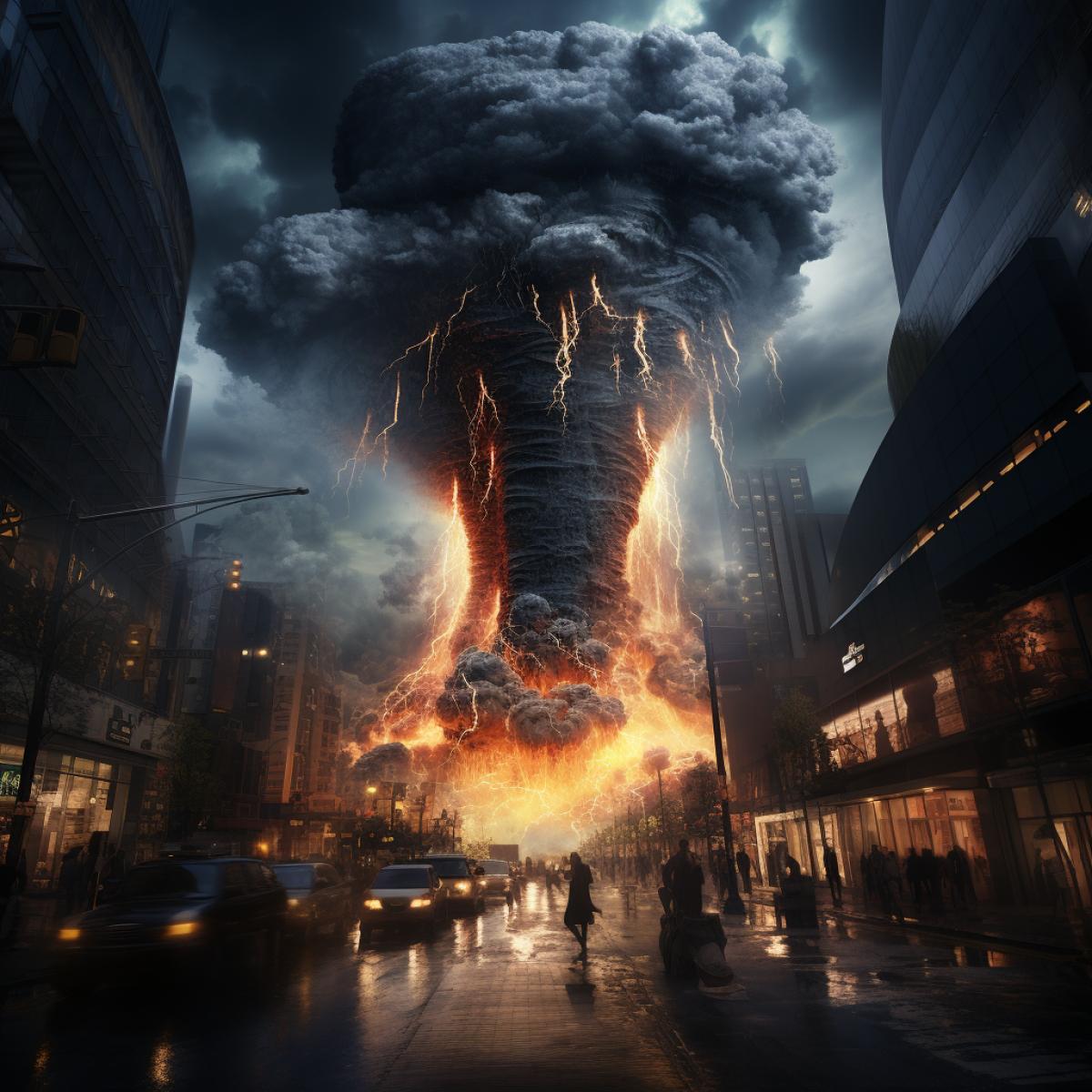 Ball lightning destroys a skyscraper, sunny weather, people panic on the street :: 8k, photo realistic, ultra high resolution
