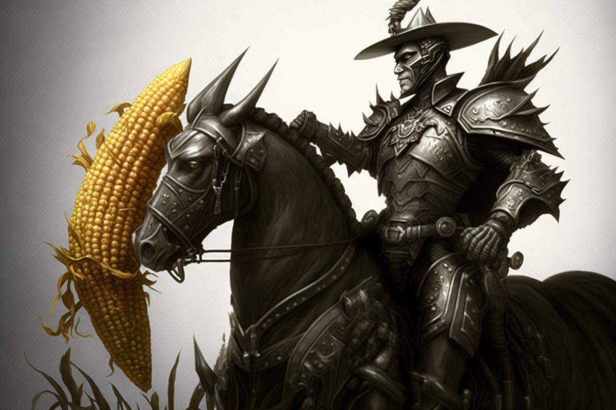 A knight rides on corn