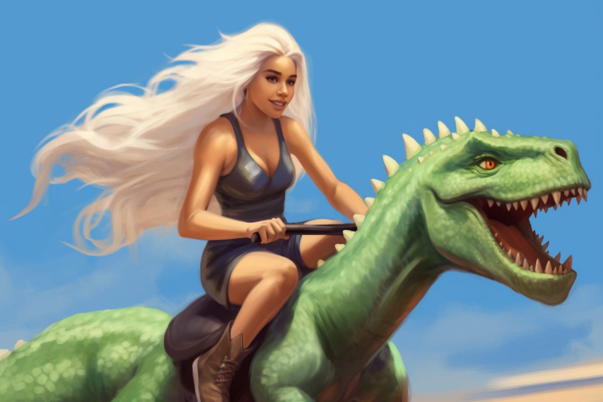 Realistic Daenerys riding a toy dinosaur