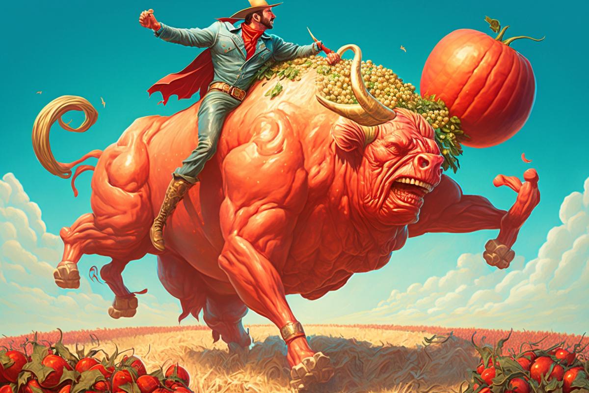 a man riding a bull with a giant tomato on the back, concept art, inspired by Vladimir Kush, behance contest winner, strawberries, trending on deviantarthq”, thomas kinkade and tristan eaton, farmer