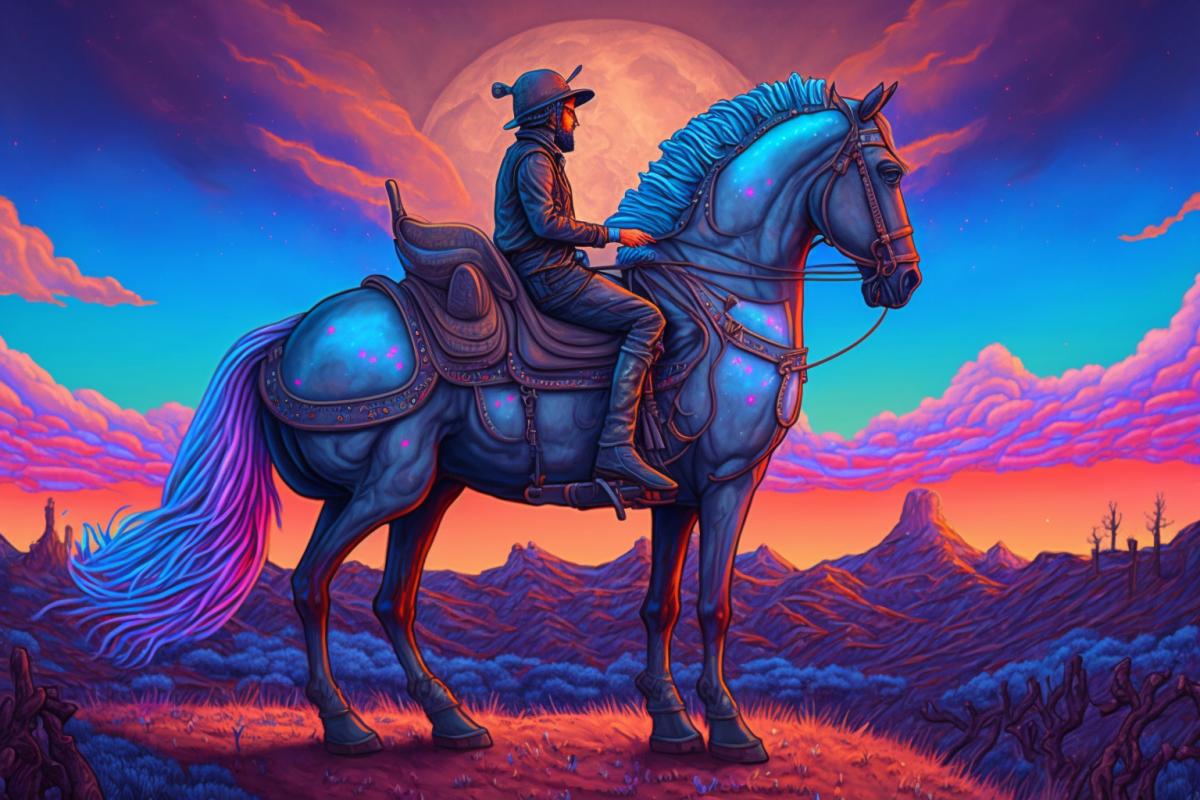 a man riding on the back of a blue horse, inspired by Dan Mumford, trending on Artstation, psychedelic art, android jones and chris dyer, detailed matte fantasy portrait, bright psychedelic color, android mystic