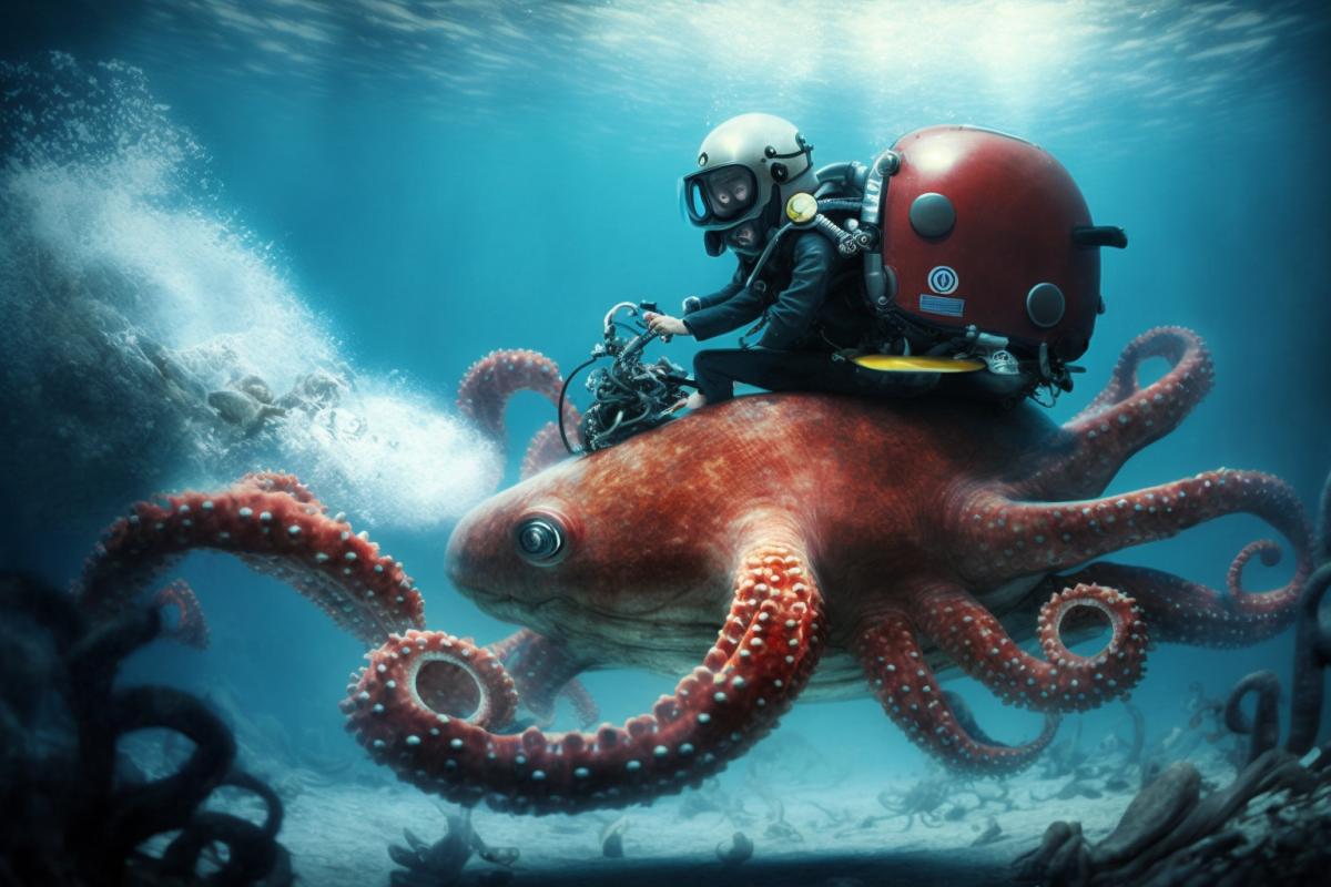 Underwater scorcher riding an octopus