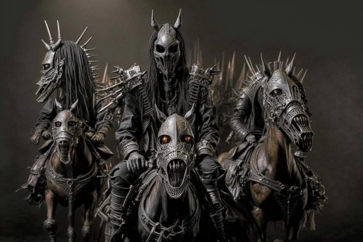 Giger style horsemen of the apocalypse, sinister men on horseback