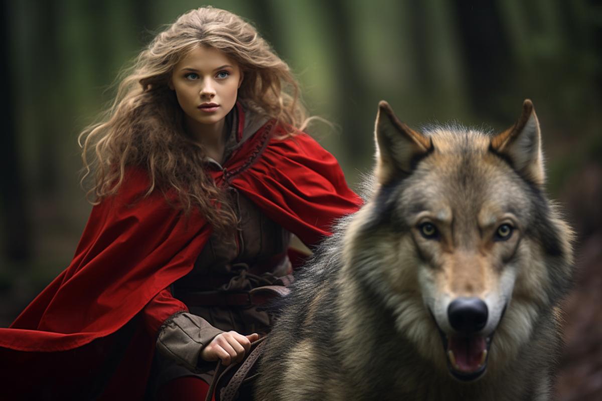 Little Red Riding Hood as a rider::2 riding the Grey Wolf::1 interpretation ::no rudder :: colorful, full body view, photo shoot, 85 lens, maximum detail, by Giovana Rikalo