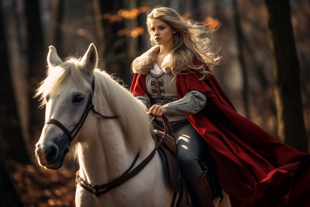 Little Red Riding Hood as a rider::2 riding the Grey Wolf::1 interpretation ::no rudder :: colorful, full body view, photo shoot, 85 lens, maximum detail, by Giovana Rikalo