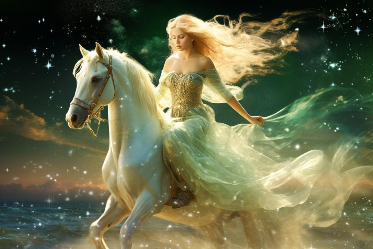 Lady Godiva riding horse, ankle length hair, beautiful people , wet, ghost , spirit, invocation, jewels, sea, night, full moon, stars, esoteric, sheer, Peridot, emerald green. citrine, ultramarine blue, diomonds, gold, sunset, high contrast, painting classic, oil , style konstantin razumov diodes, bows, velvet vogue, iridescent, holographic, full body 4k, transparent details, colorized, neon pastel color palette, photorealistic, 8k, 4k, highly detailed, transparent parts, looks like professional hdr photography in fashion magazine, editorial photography, global illumination, moody lighting, post-processing, glowing shadows, chromatic aberration, dark and white balance, scattering, beautiful cinematic lighting, lumen reflections, post-production, high fashion, tone mapping, shaders, diffraction grading 3d, octane render, detailed, hyperrealistic