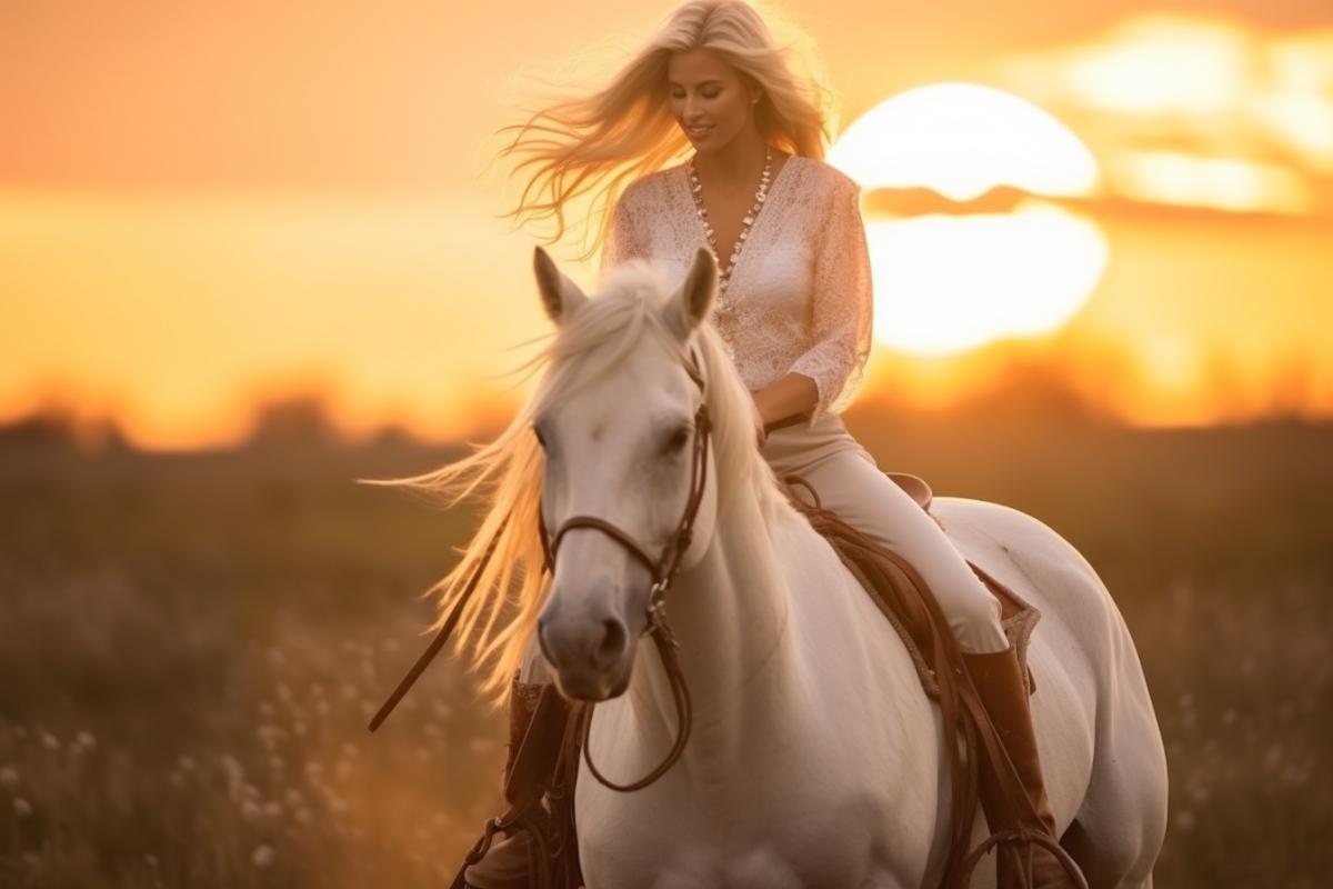 beautiful cowgirl 4ks on the prairie with a white Arabian horse at sunset as rider