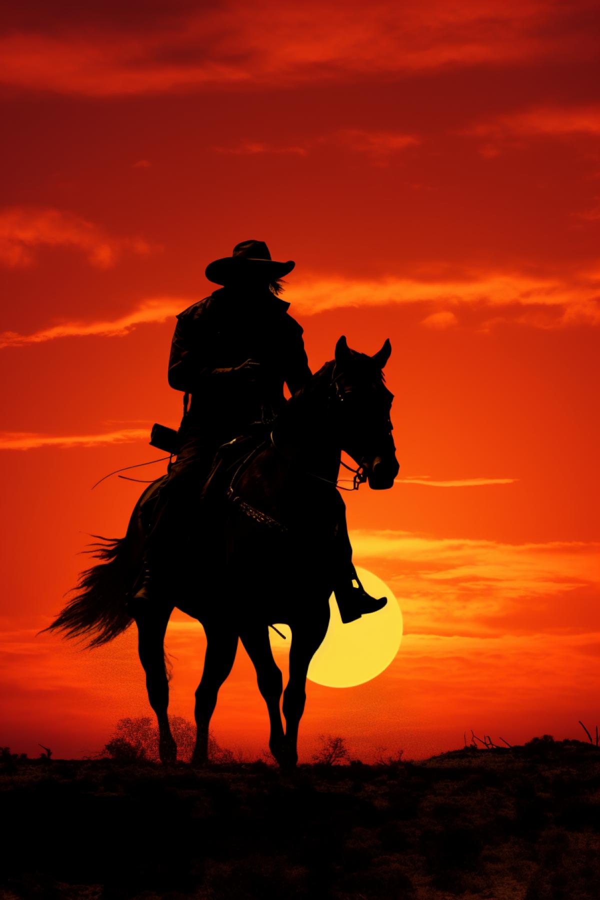 a silhouette of a man riding on the back of a horse, inspired by Frederic Remington, trending on social media, digital art, sniper middle age man, amazing sunset, found q 2 c 14