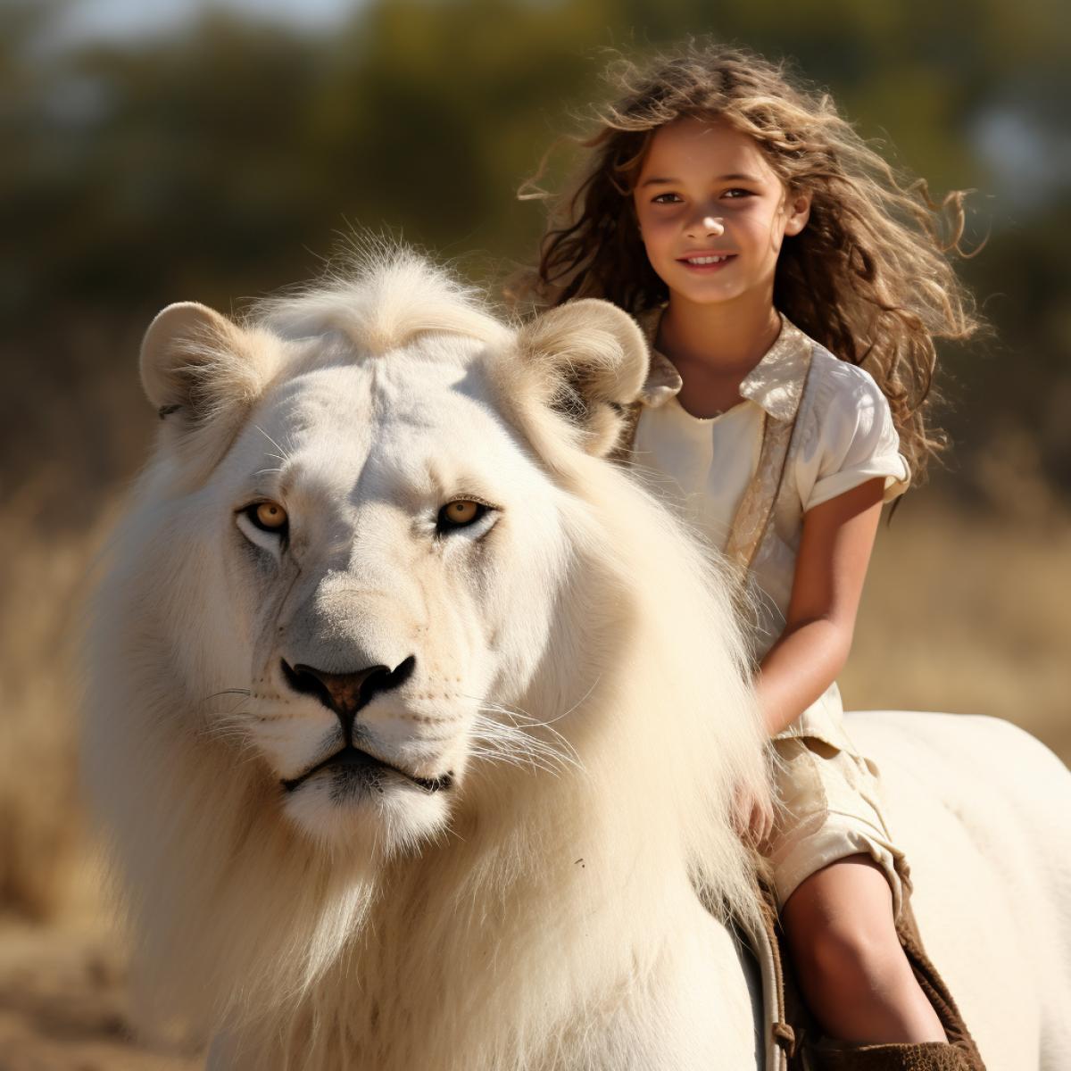 beautiful girl 4ks on the Savannah with a white lion  as rider, no metallic, no hoofs, no Saddle