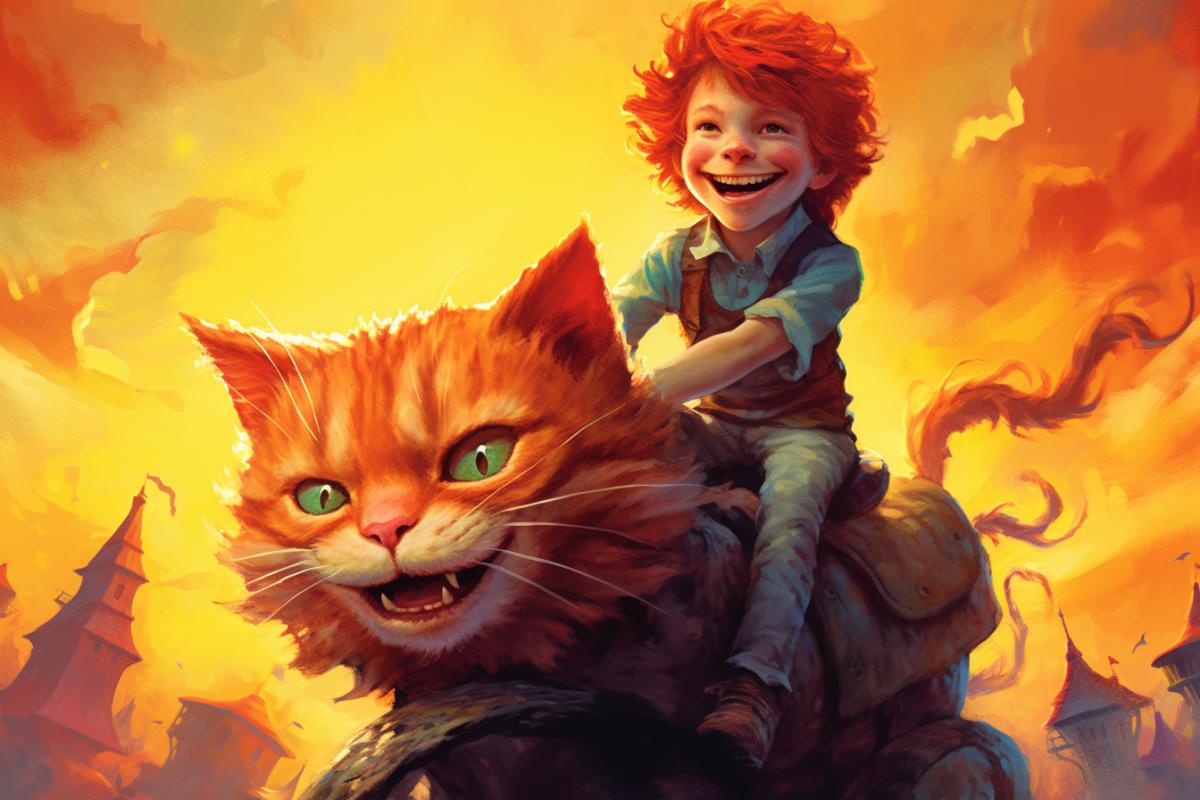 Redhead little boy happy riding a giant cat sun paint
