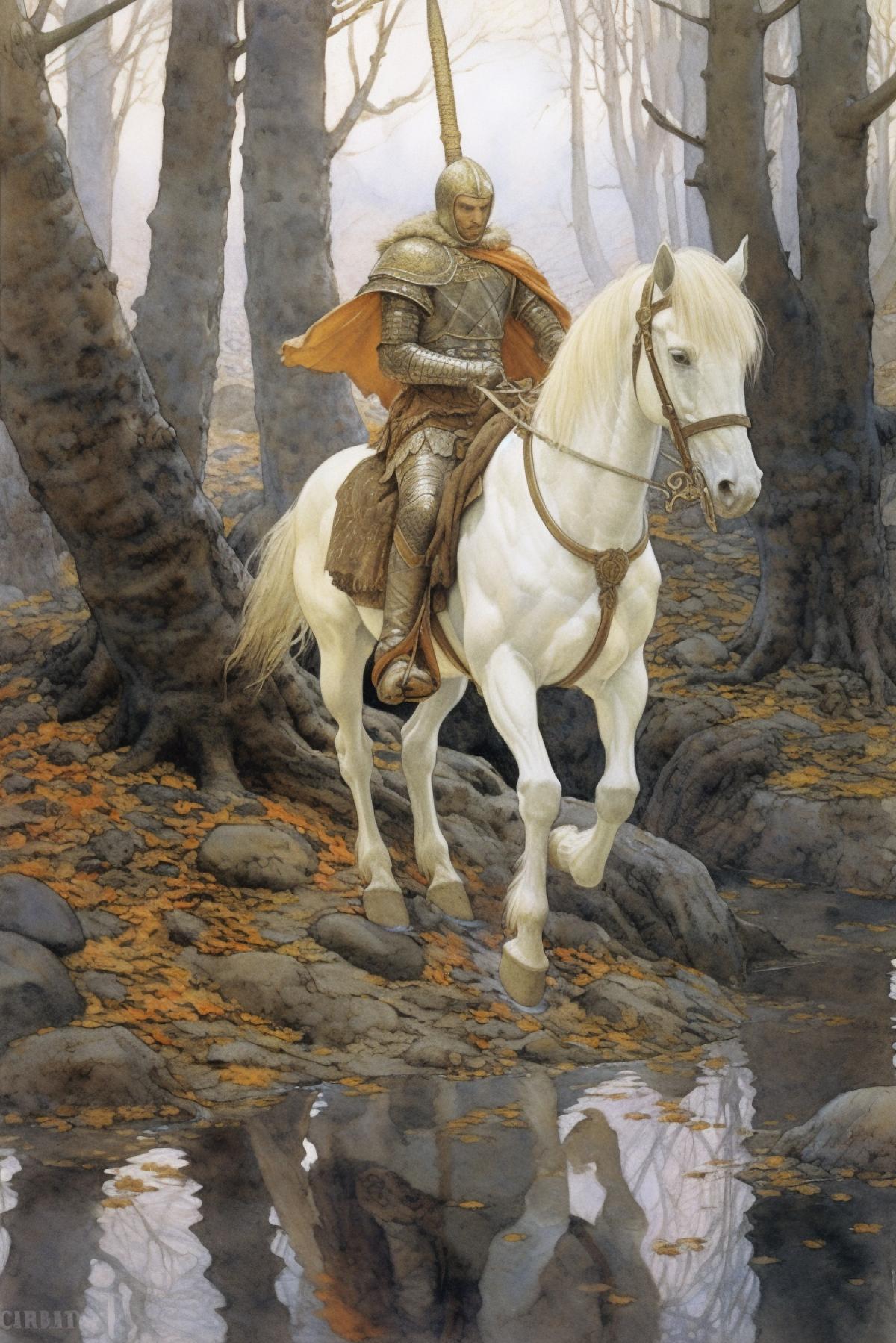 Russian fairy tale hero Ilya Muromets on a white heroic horse near a road stone at a fork in the road