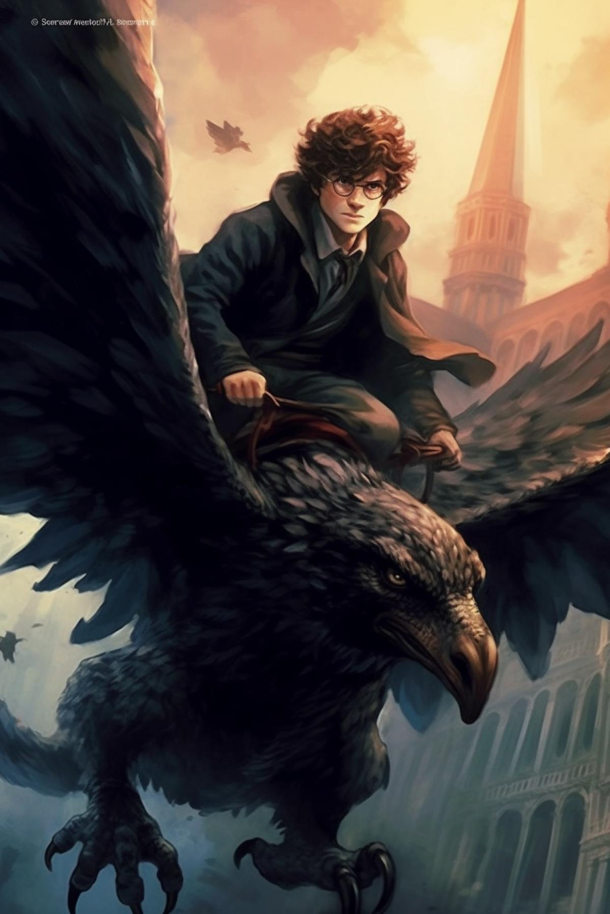 Harry Potter riding a griffin