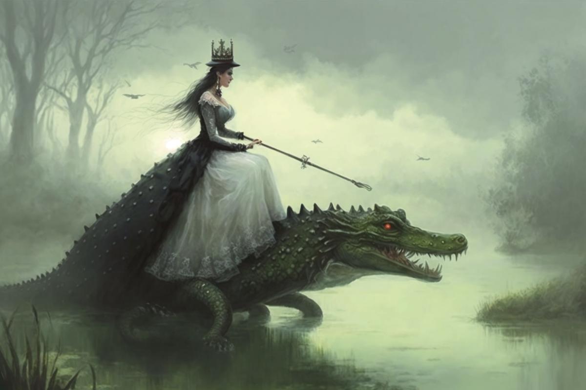 Princess riding an alligator, dawn on a foggy swamp