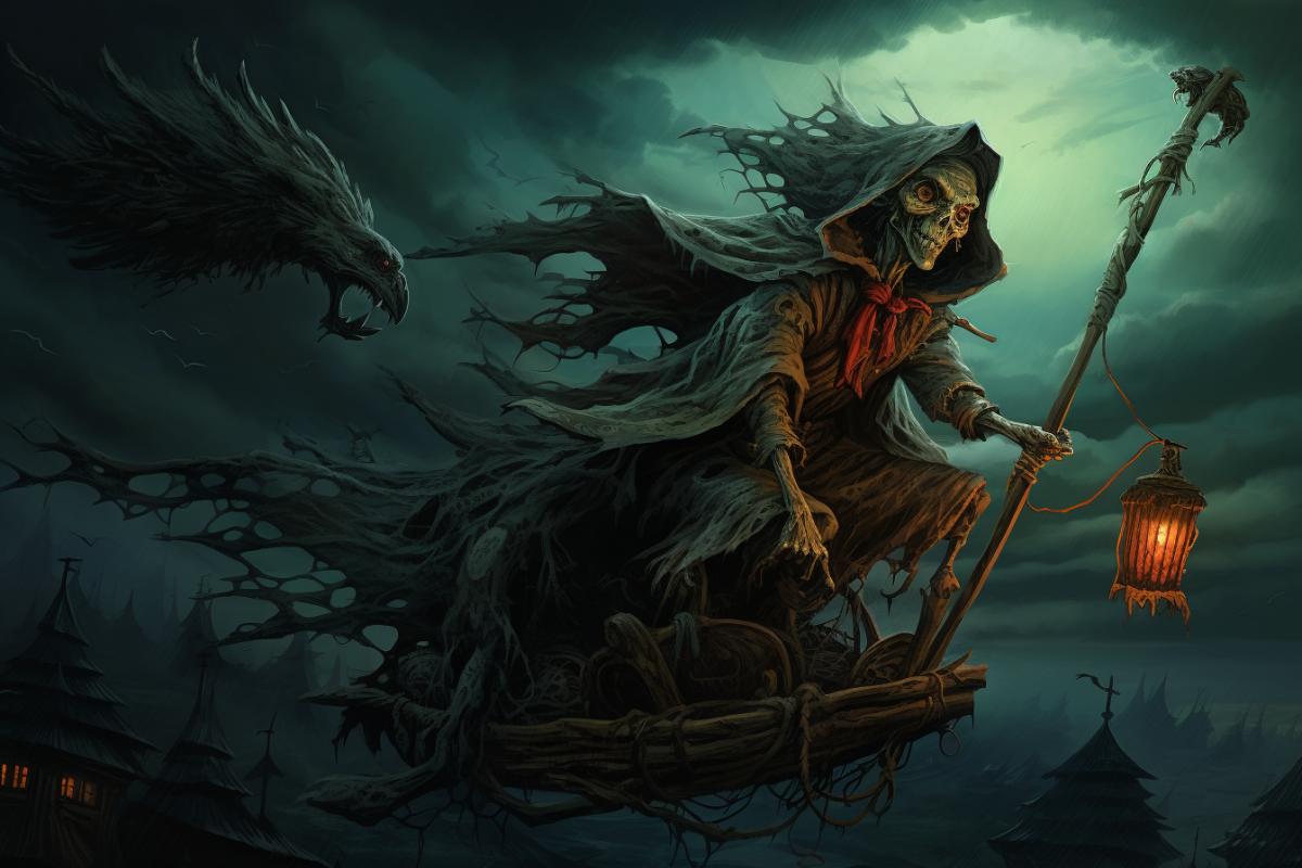 Baba Yaga riding a broomstick, necropunk