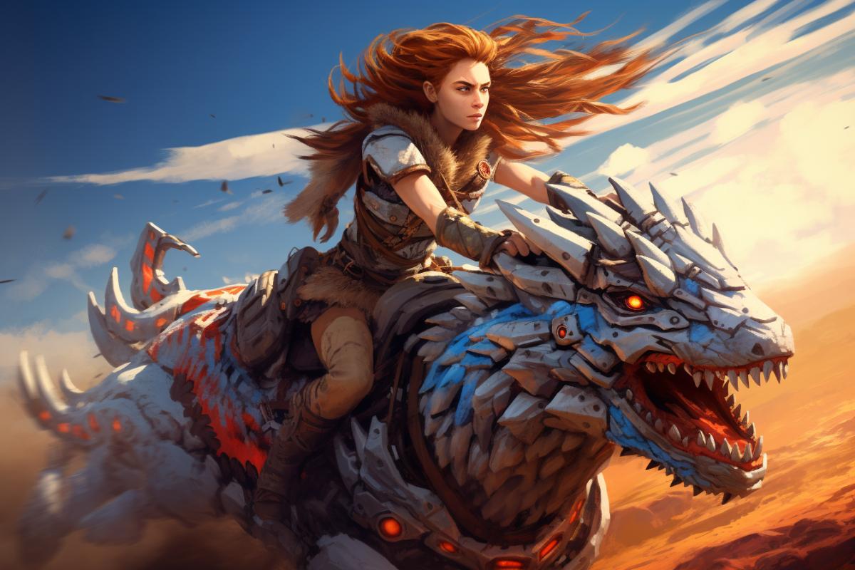 Aloy riding a mechanical beast, Horizon Zero Dawn