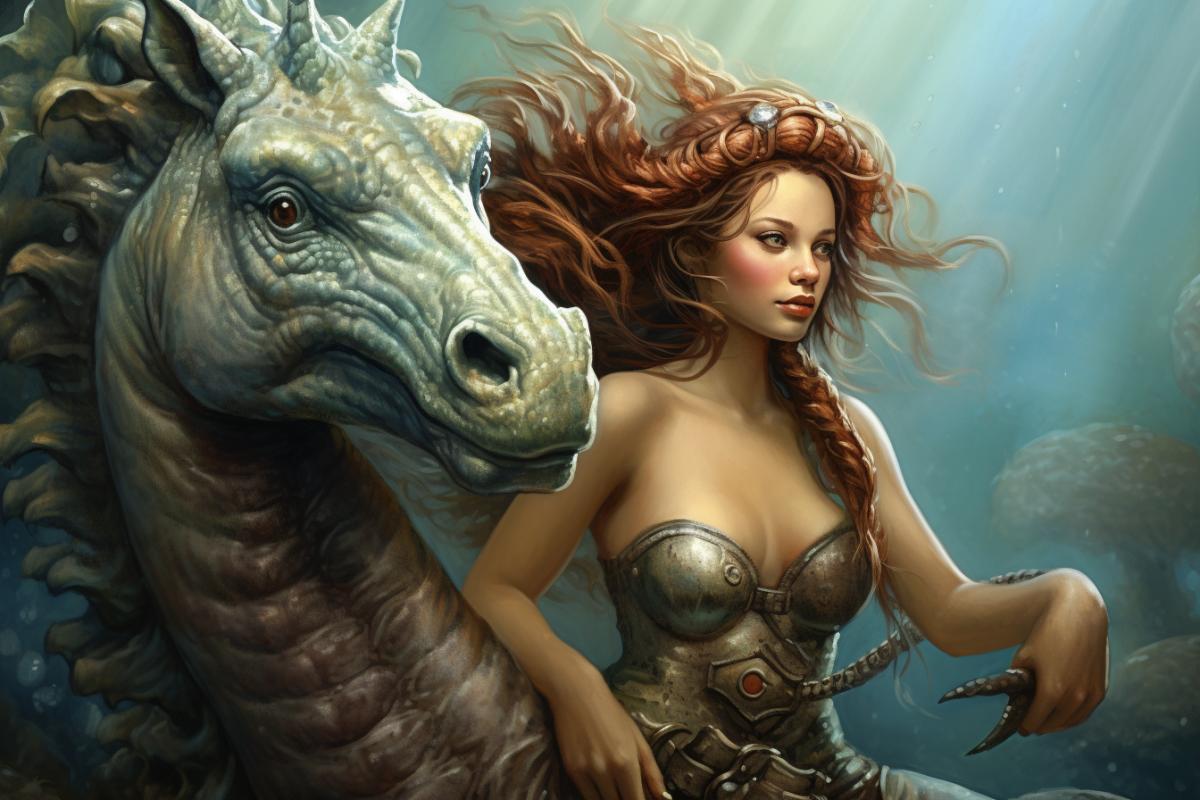 Mermaid riding a seahorse, photorealism