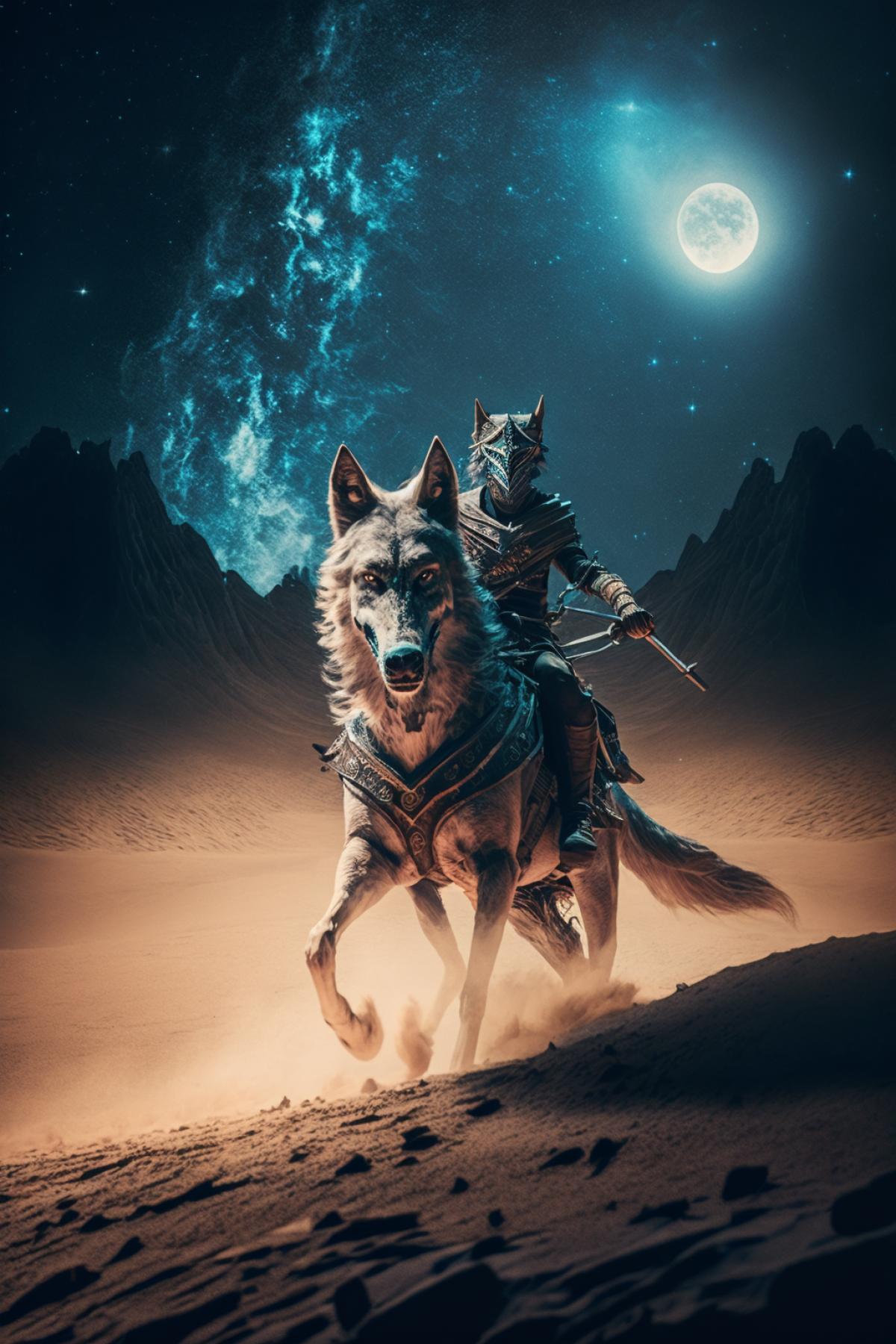 a beautiful witch rides an evil wolf at night under the Milky Way galaxy, desert, motion dynamics, HDR, game of thrones movie style