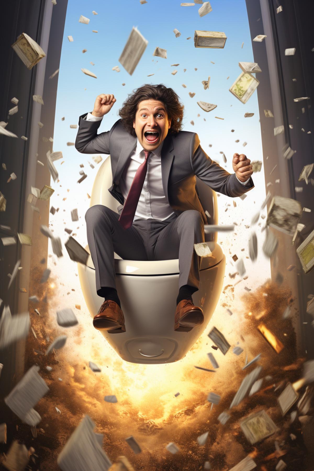 a young businessman in a business suit flying away on toilet-rocket, in the style of spacesolarpunk, photo-realistic hyperbole, commission for, creative commons attribution, jump cuts, satirical caricature