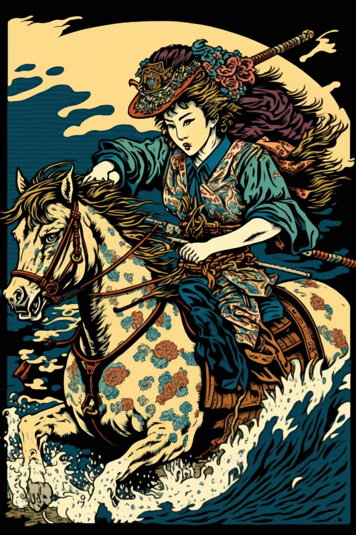 Hallucinations of riders in the style of Japanese prints