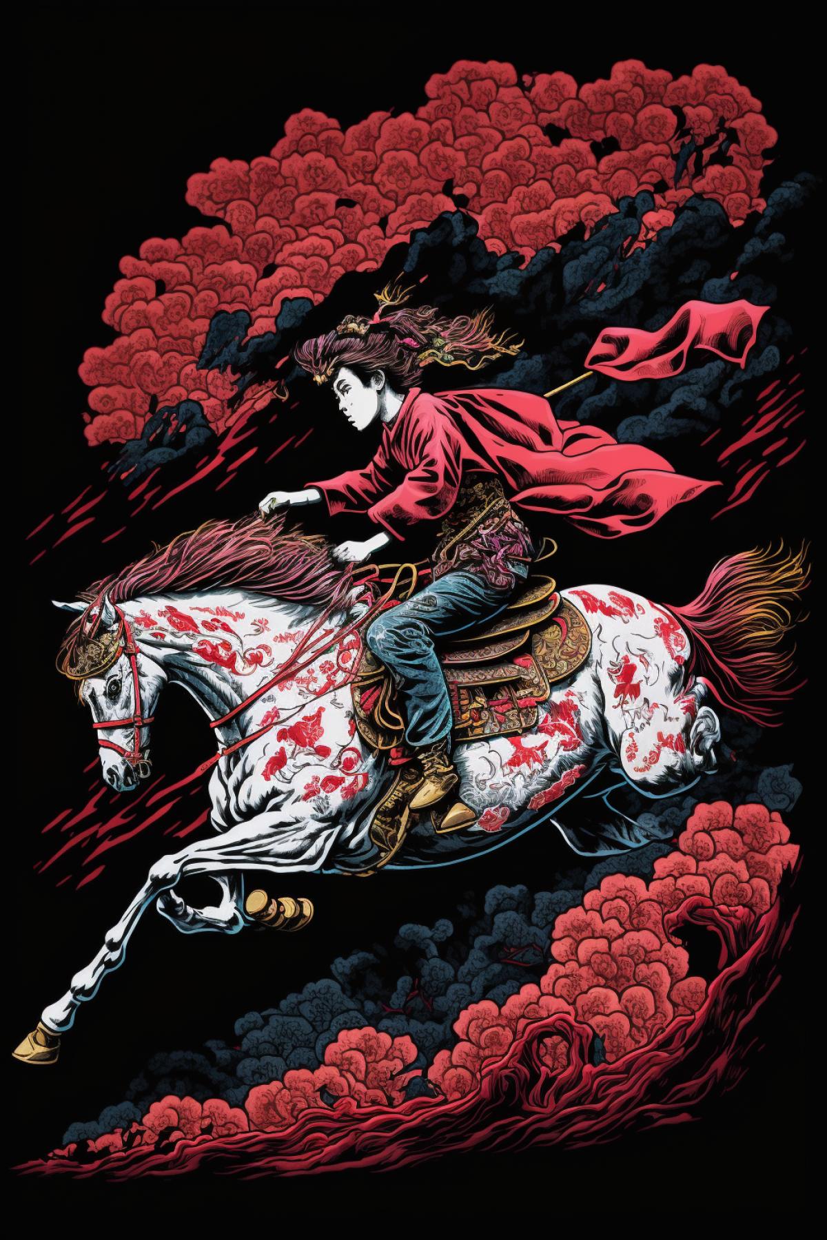 Hallucinations of riders in the style of Japanese prints