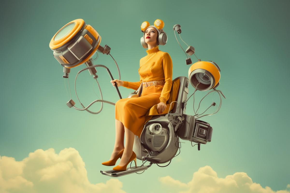 A housewife flies astride a vacuum cleaner, and things fly around