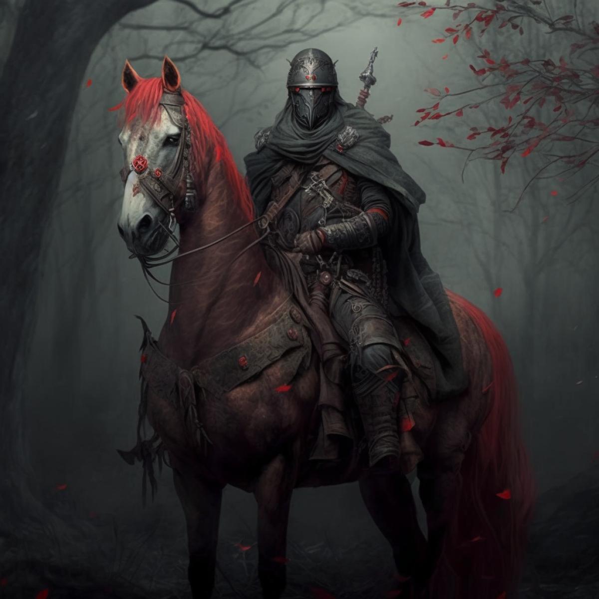 War horseman of apocalypse, slavic man, Soldier, military camouflage, Red horse, peace from Earth, great sword