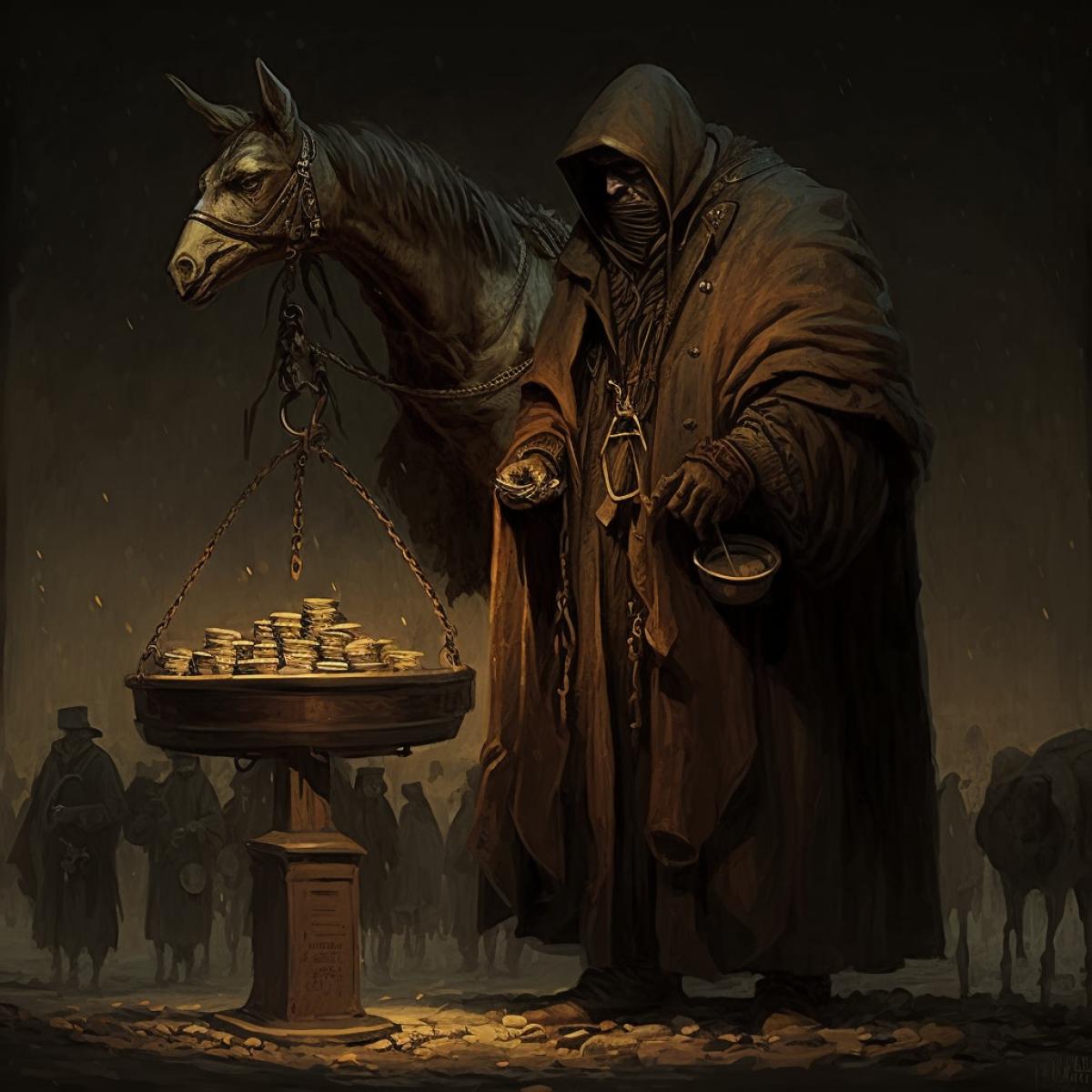 Famine, dark People, trader, weighting scales, expensive jacket, horseman