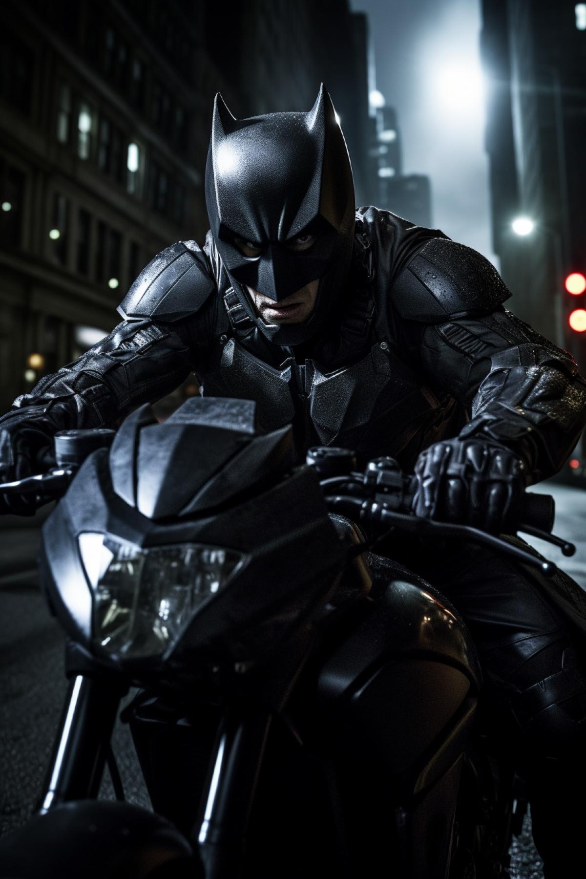 Batman on a motorcycle rides against the backdrop of the night Gotham, the dark knight