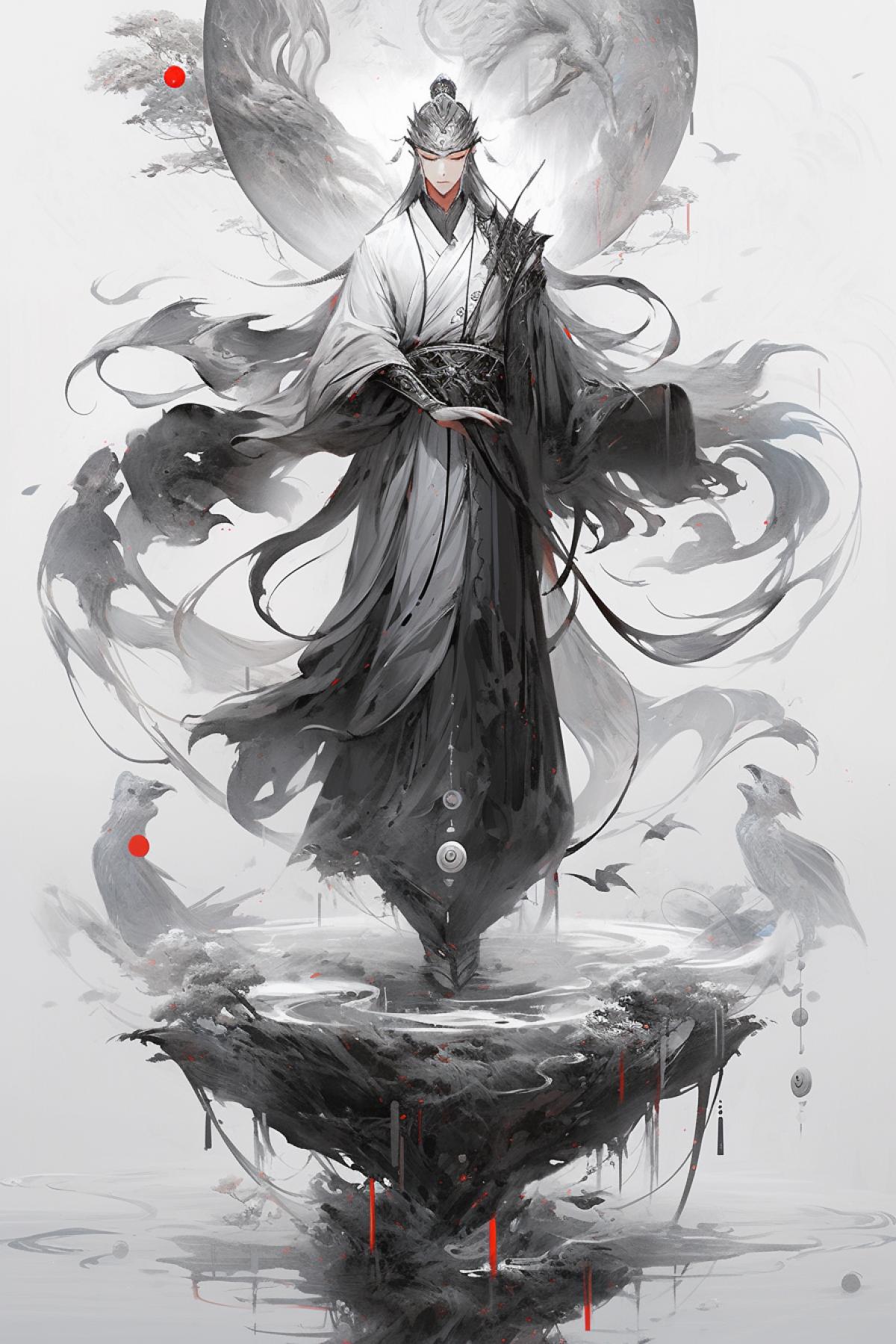 1boy, pangu, art, chinese legend, the birth of pangu, mythology, creation, pangu, cosmic egg, world formation, divine being, folklore, full body, ((standing, levitating)), traditional chinese clothes, gray colors, yin and yang, large yin and yang sign, light yang above, dark yin bottom, magic, ((heterochromia, blue eye, moon, yellow eye, sun)), (glowing eyes:1.4), (very long hair:1.3), green hair, forest-like, moss, small trees, tears, air stream, dark, darkness, bright colors, glowing