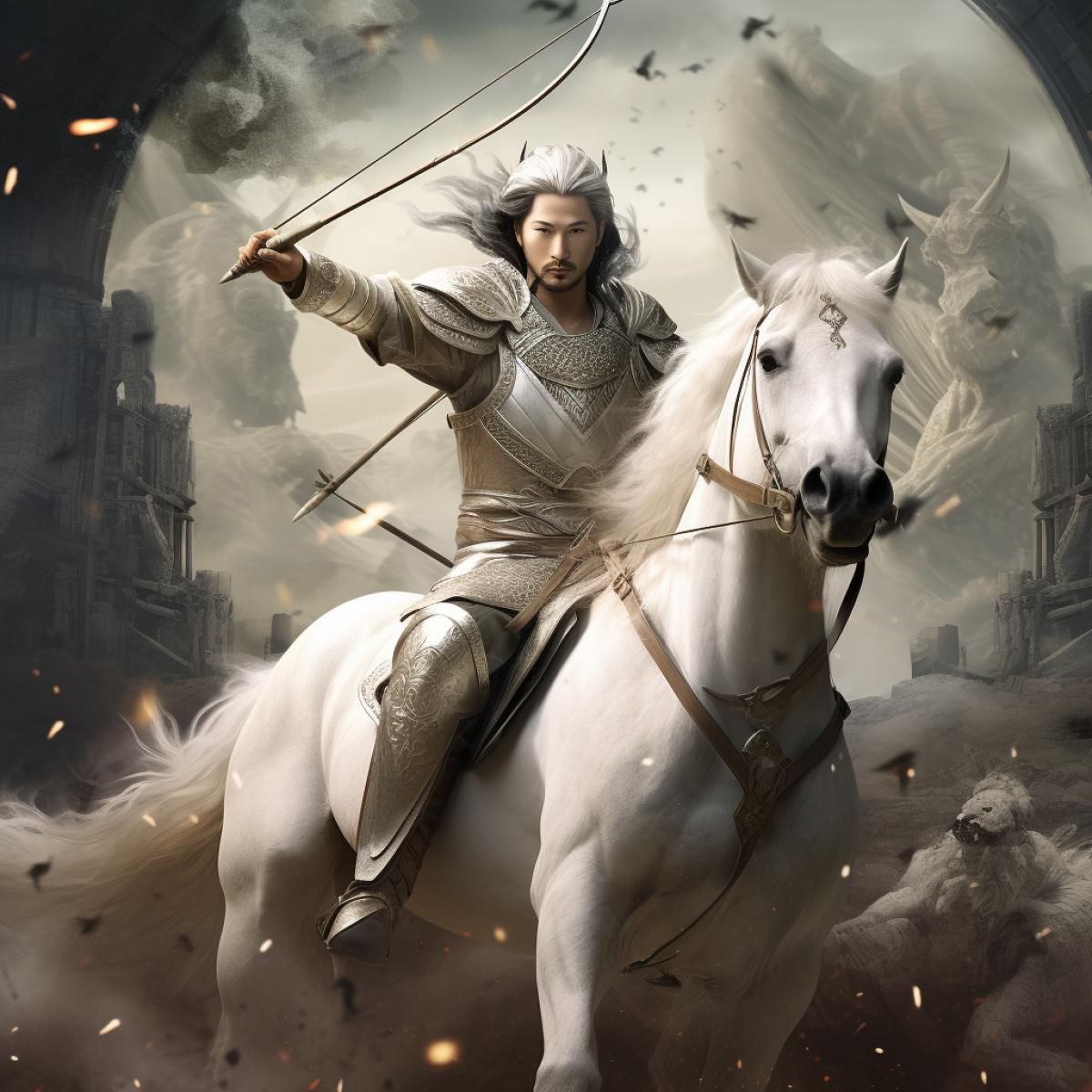 Antichrist, chinese man, white horse, archer, arrows, bow, crown