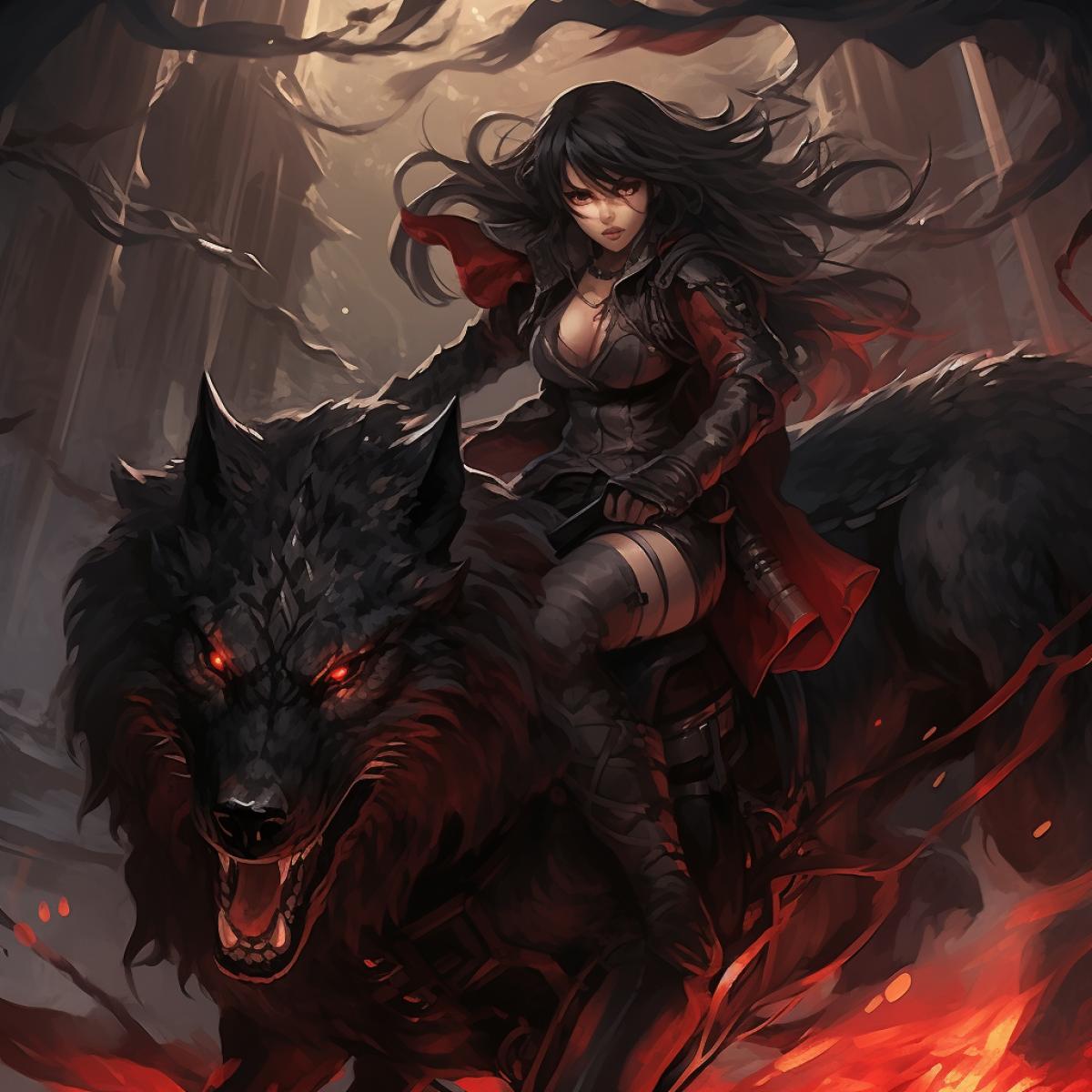 a female demon rider riding a wolf, in the style of dark dark and red, charming anime characters, referential painting, dusty piles, dark gray, reduction of canine anatomy, queencore