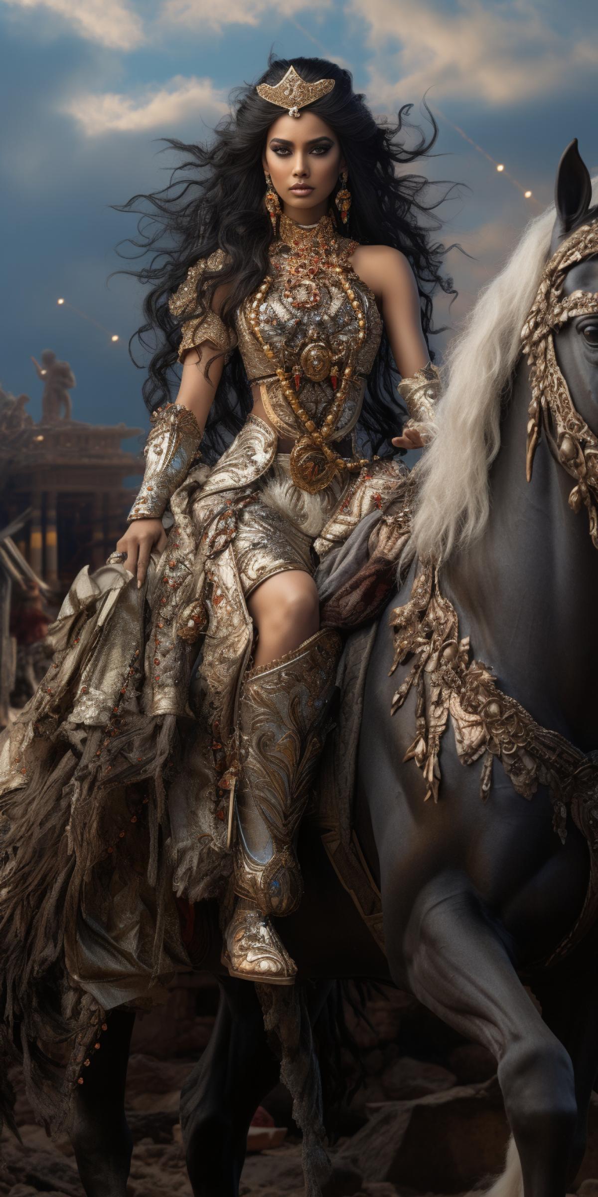 Photograph taken portrait by Canon EOS R3 of A Beauty Lakshmi Bai sitting on a horse in a battle field by Yuumei Art, angry expression, screamimg, frontal photography, full body, 8k, ultra realistic, hypermaximalist, elegant, hyper realistic, super detailed, 85mm lens, f/ 1. 8, accent lighting, global illumination