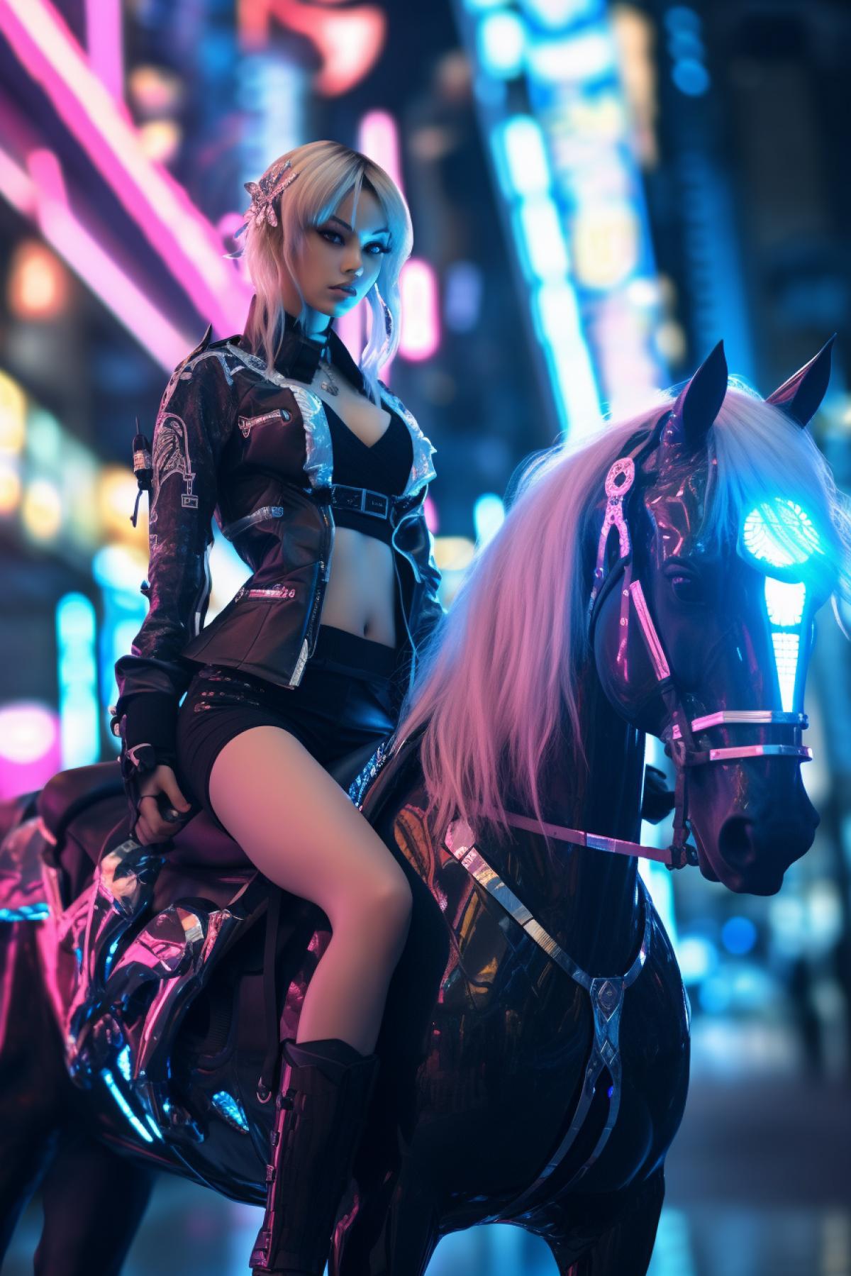 Young woman on cyber horse, cyberpunk, biopunk, night, neon city, full body