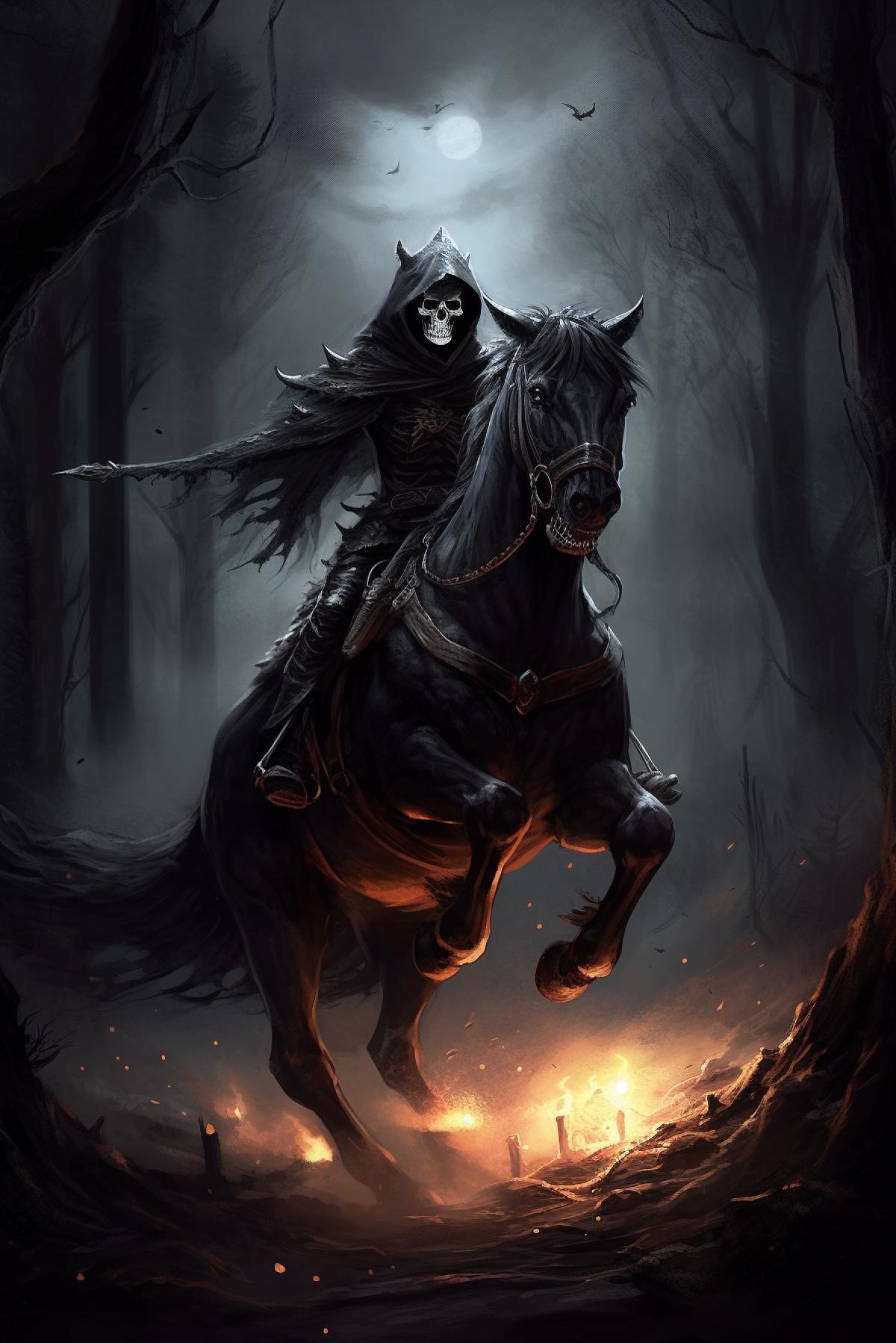 Phantom rider, skeleton in dark armor, sitting on a dark horse, gloomy forest, moon, dark smoke with sparks comes from the skull, the horse reared up, dark mane, darkness of the night, magic